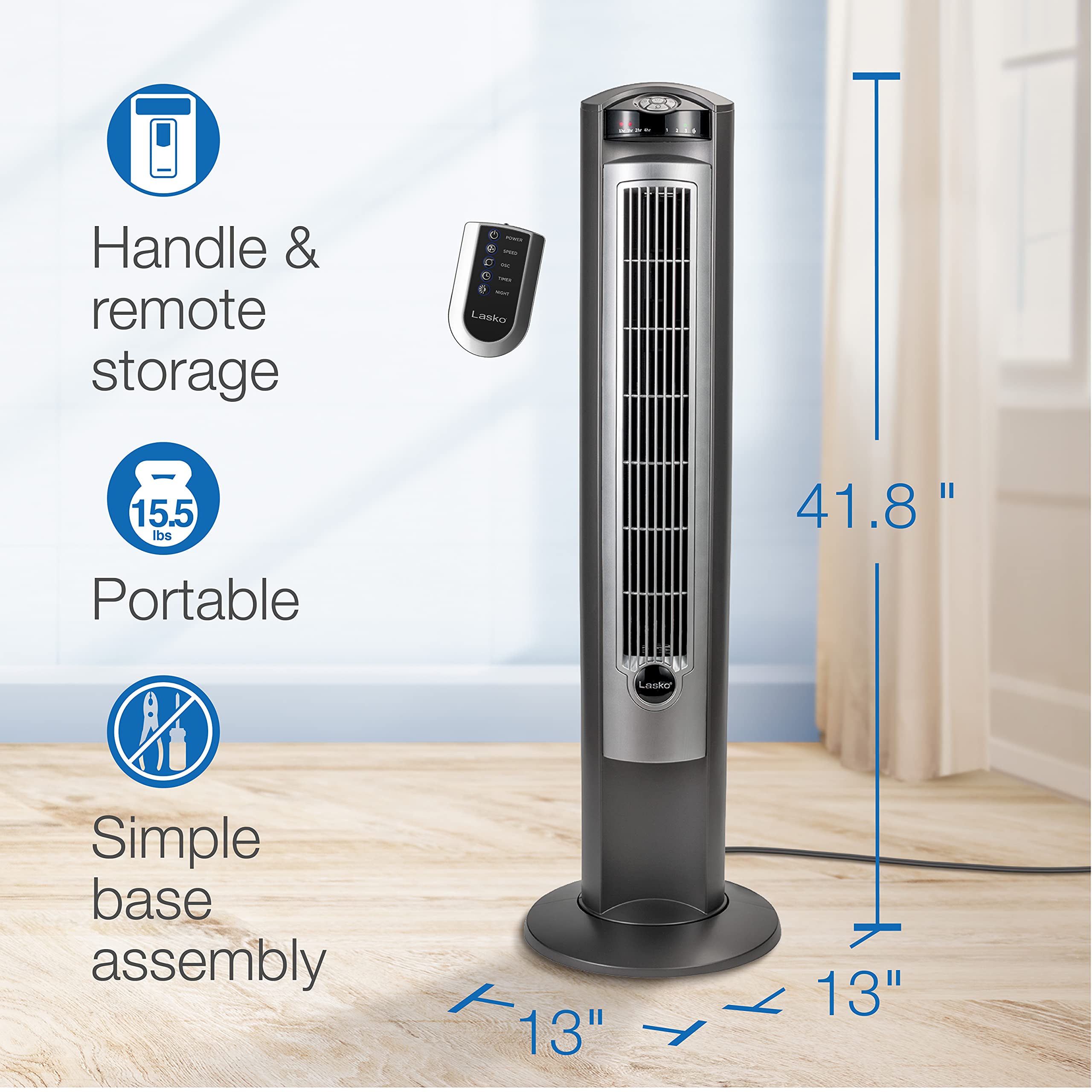 Lasko Portable Electric 42 Oscillating Tower Fan With Nighttime Setting