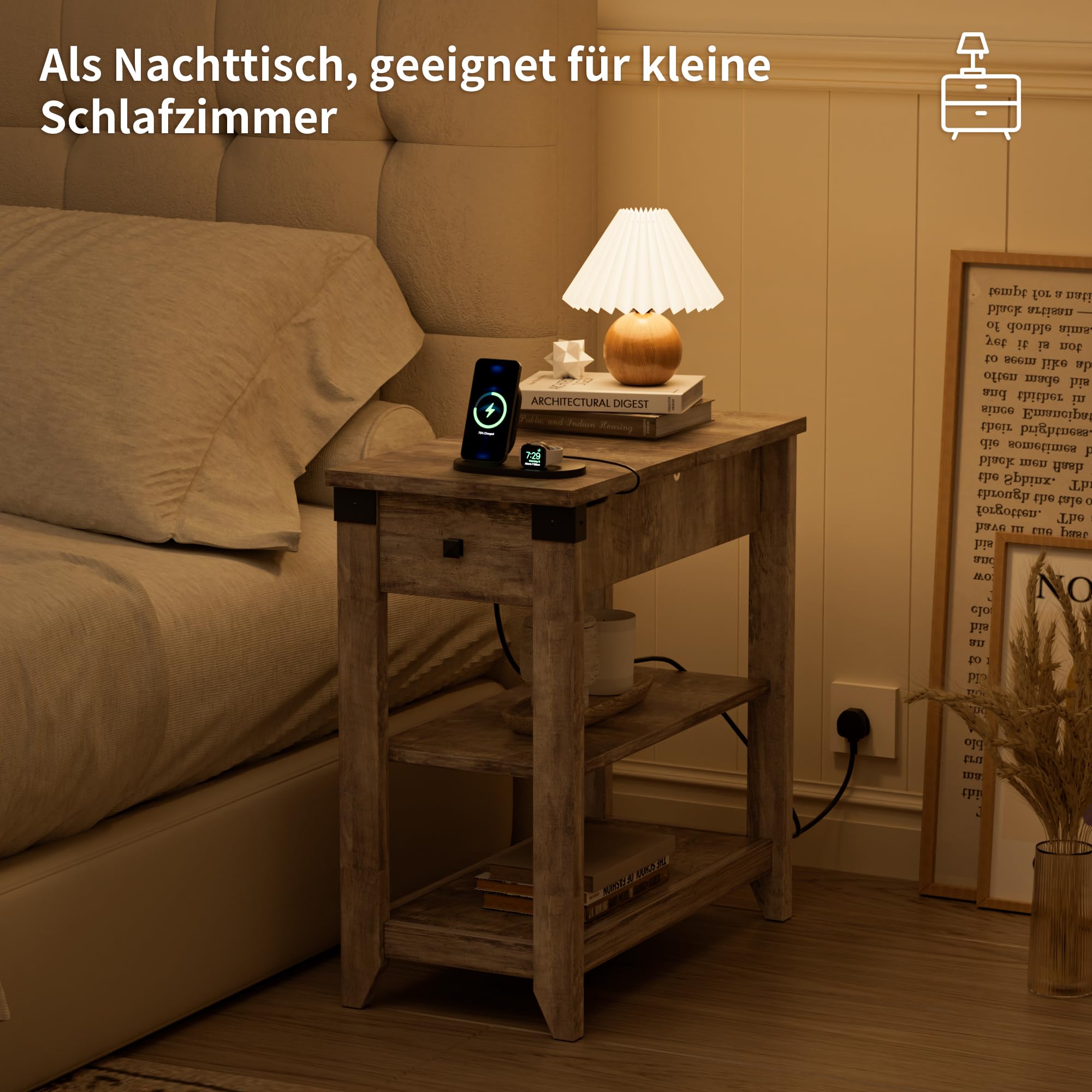 BonVache Beistelltisch, Nachttisch mit Ladefunktion, Sofatisch Klein, Schmal Couchtisch mit Ablage, 1 Schubladen, Zeitschriftenhalter, Nachtschrank für Wohnzimmer, Schlafzimmer, Grau