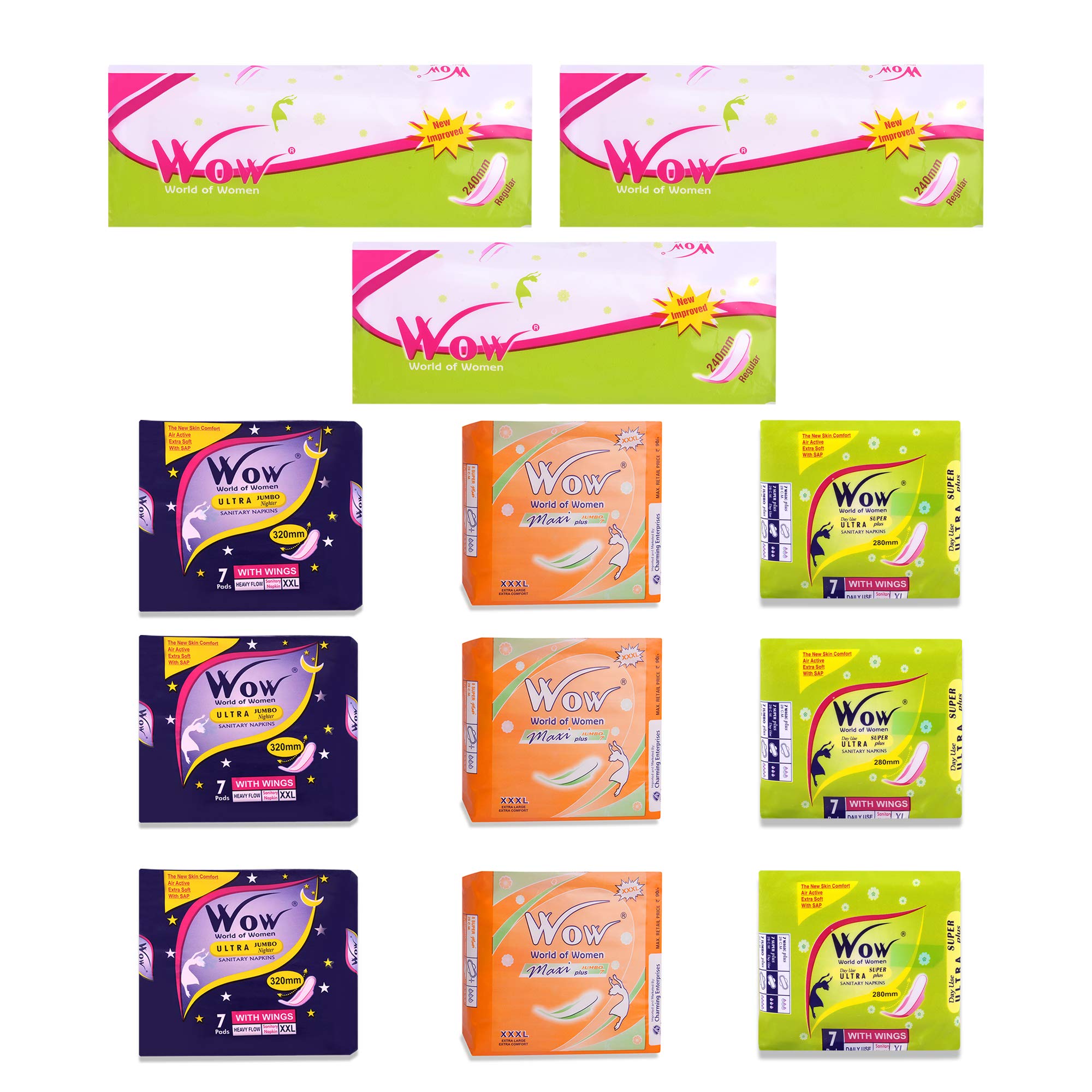 Wow World of Women Combo Pack of Maxi Jumbo Plus, Ultra Super Plus, Regular Straight and Ultra Thin Dry Coverage Organic and Rashes Free Disposable Pads for Women (84 Pads) - Pack of 12