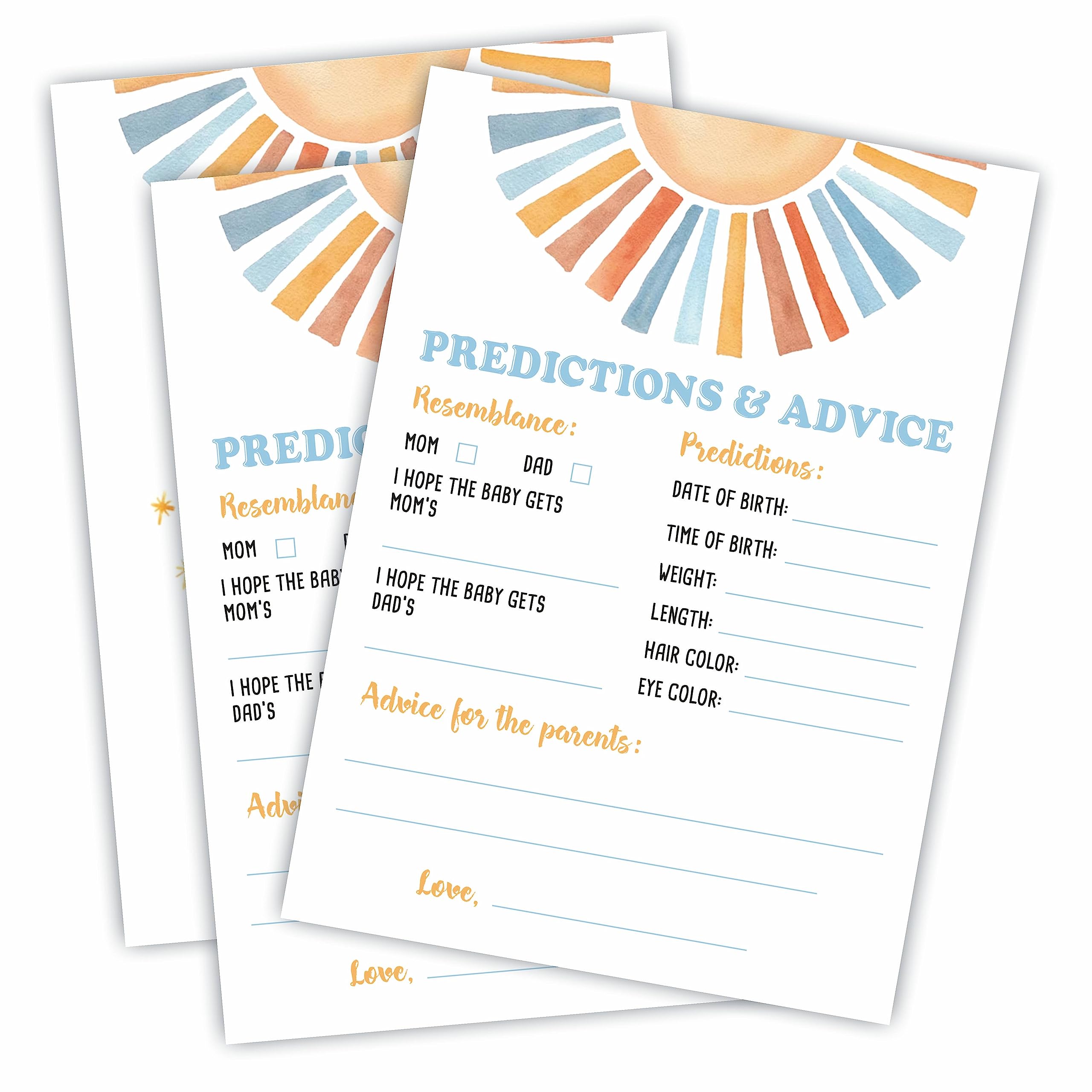 Sunshine Predictions & Advice Baby Shower Game Kit - Retro Here Comes The Sun - 30 Double-Sided Fill In Game Cards For Baby Shower, Gender Reveal