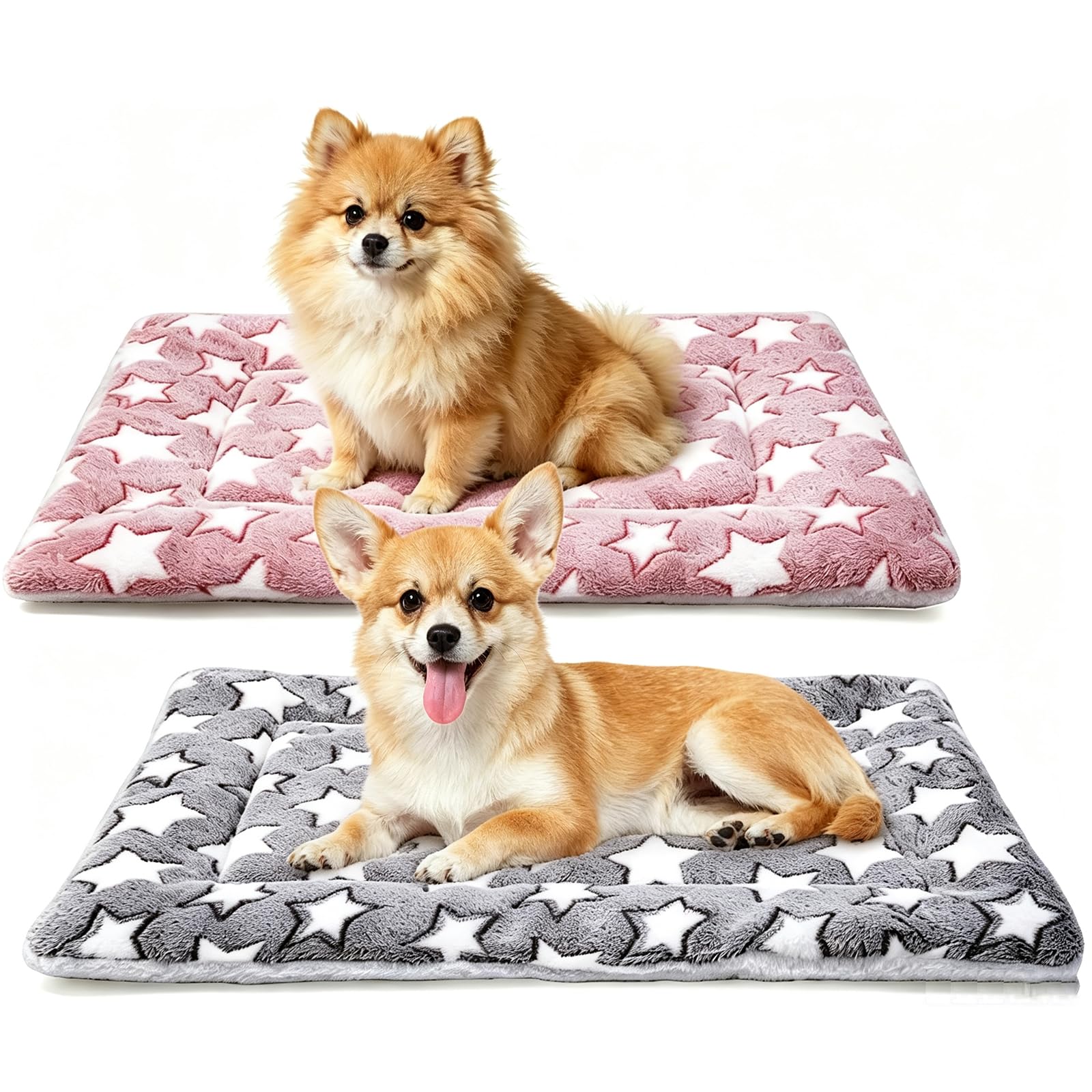 WORUIB 2 PCS Vet Bedding Set, 61x41 cm Pet Crate Mats with Star Patterns，Soft Plush Material, Machine Washable Design, Crate and Travel Use, Small Dog and Cat Size, Grey and Pink Colour Set