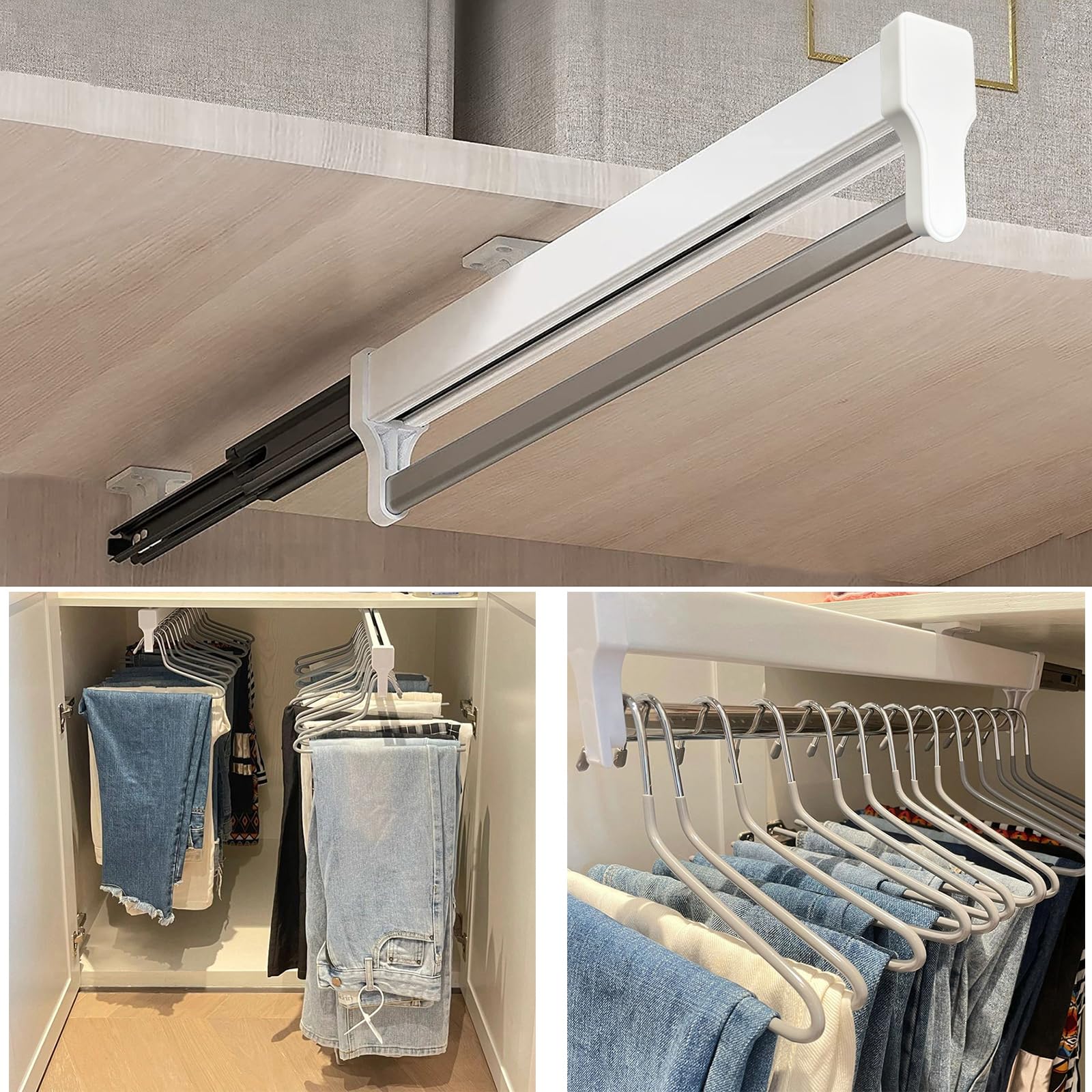 Pull Out Closet Valet Rod, Adjustable Sliding Heavy Duty Steel Top Mounted Clothes Storage Hanger Rail for Closet Wardrobe (292mm/11.5inch)