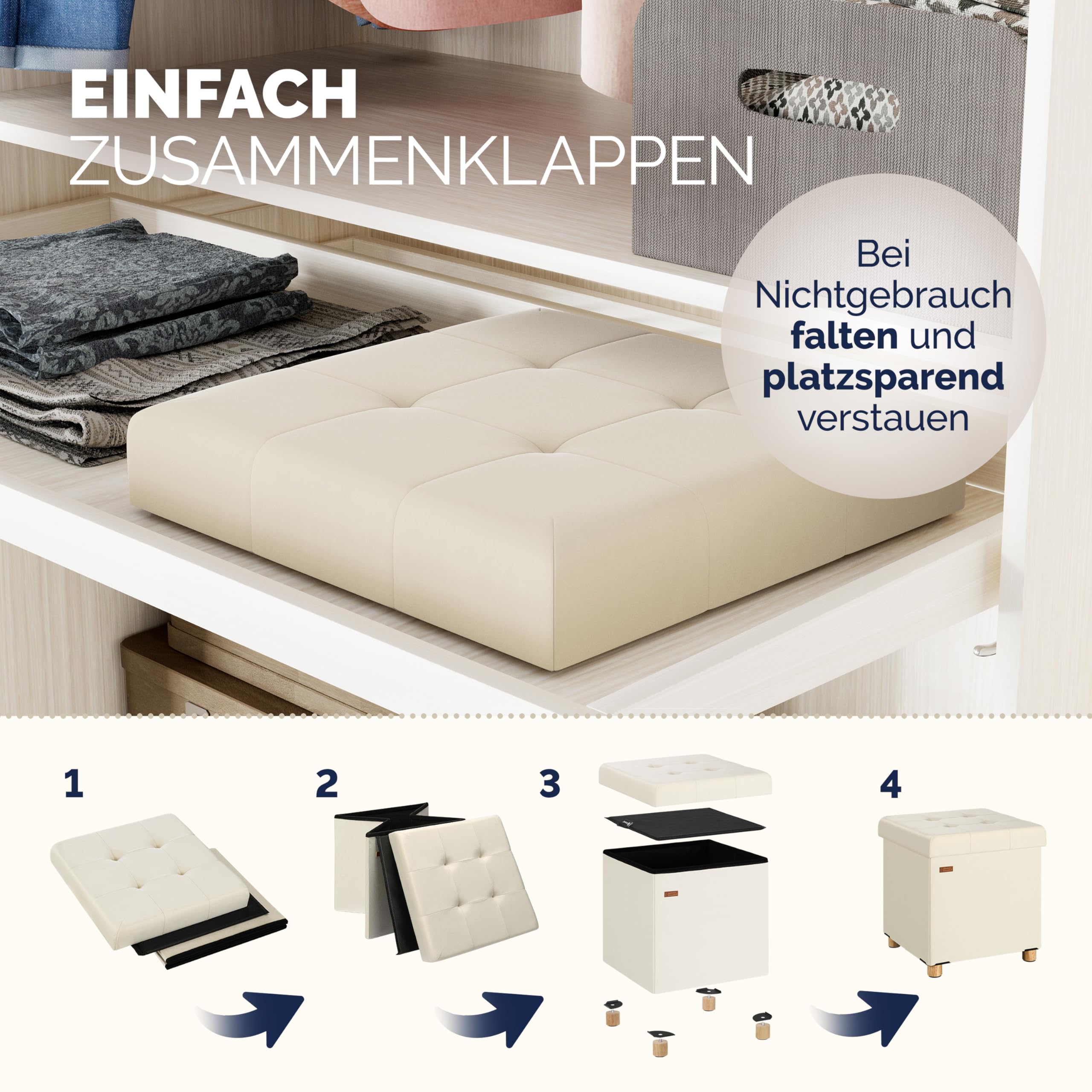 Casaria® Hocker mit Stauraum Samt Beige Faltbar inkl. Füßen 38x38cm 300kg Belastbarkeit Wohnzimmer Schlafzimmer Flur Sitzhocker Fußhocker Polsterhocker