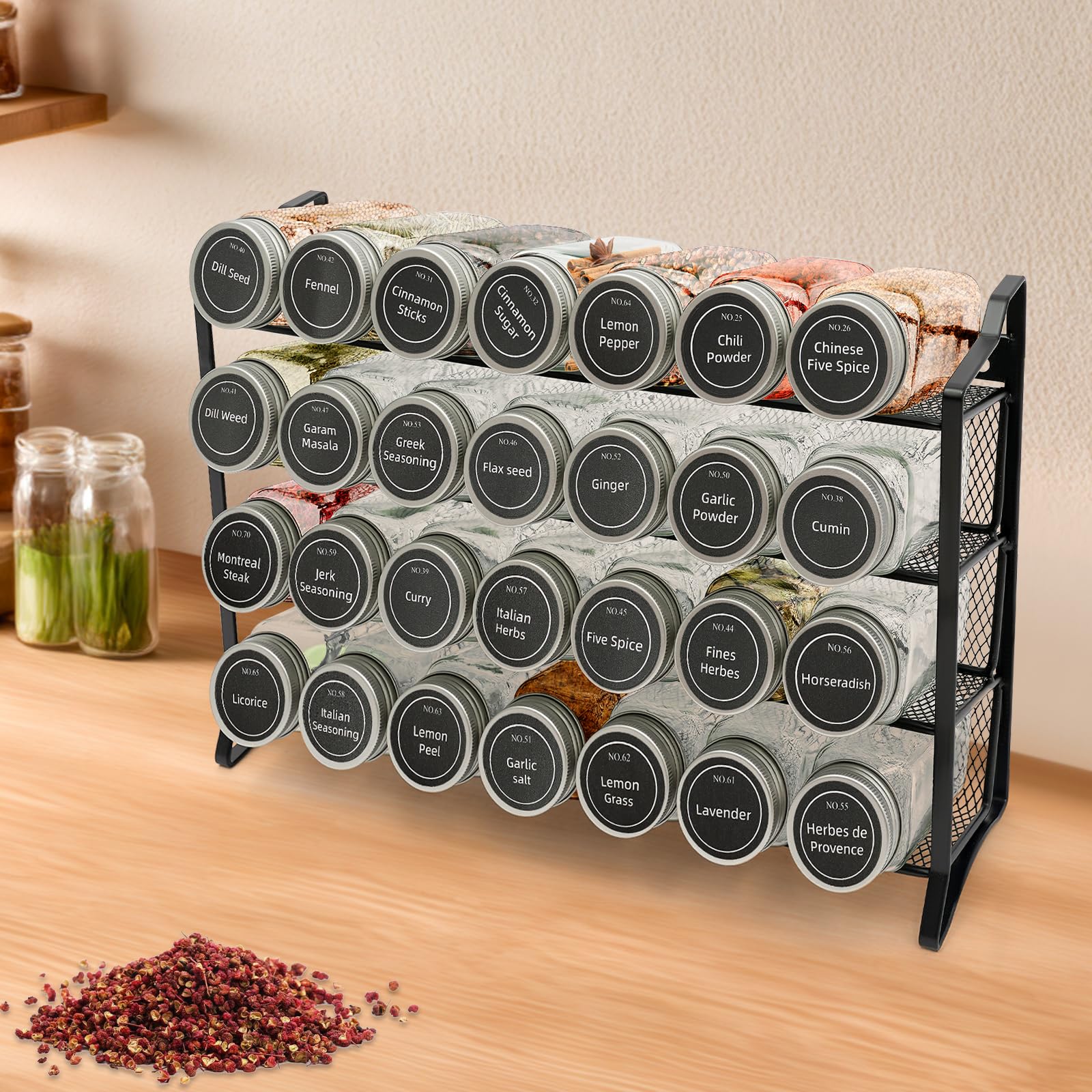 Organizzatore portaspezie con 28 barattoli vuoti per spezie da cucina a 4 livelli con portata di 34,5 x 23,5 cm