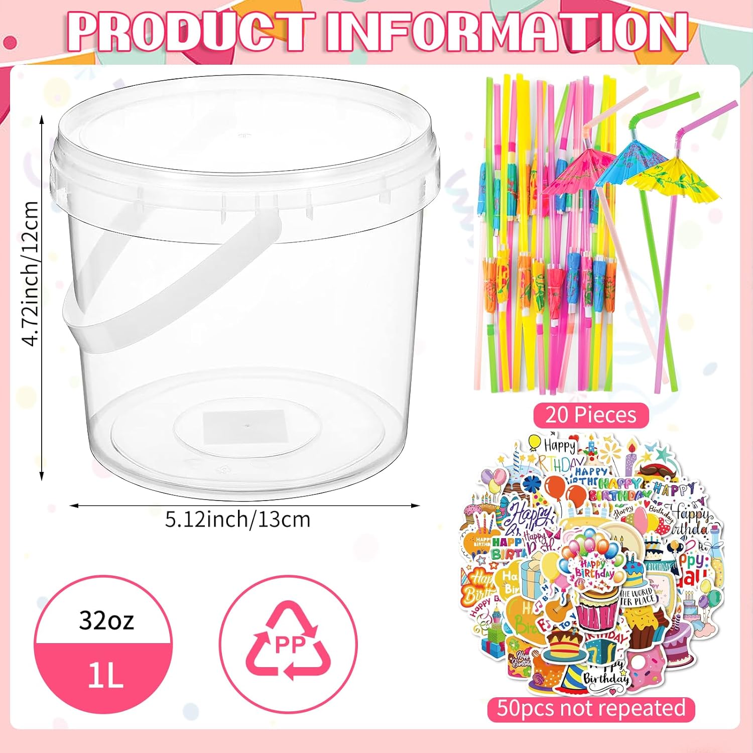 20 Sets 32 oz Ice Cream Buckets with Lids and Handles Clear Plastic Cocktail Rum Drink Buckets Reusable Food Storage Containers Ice Cream Tub for Parties