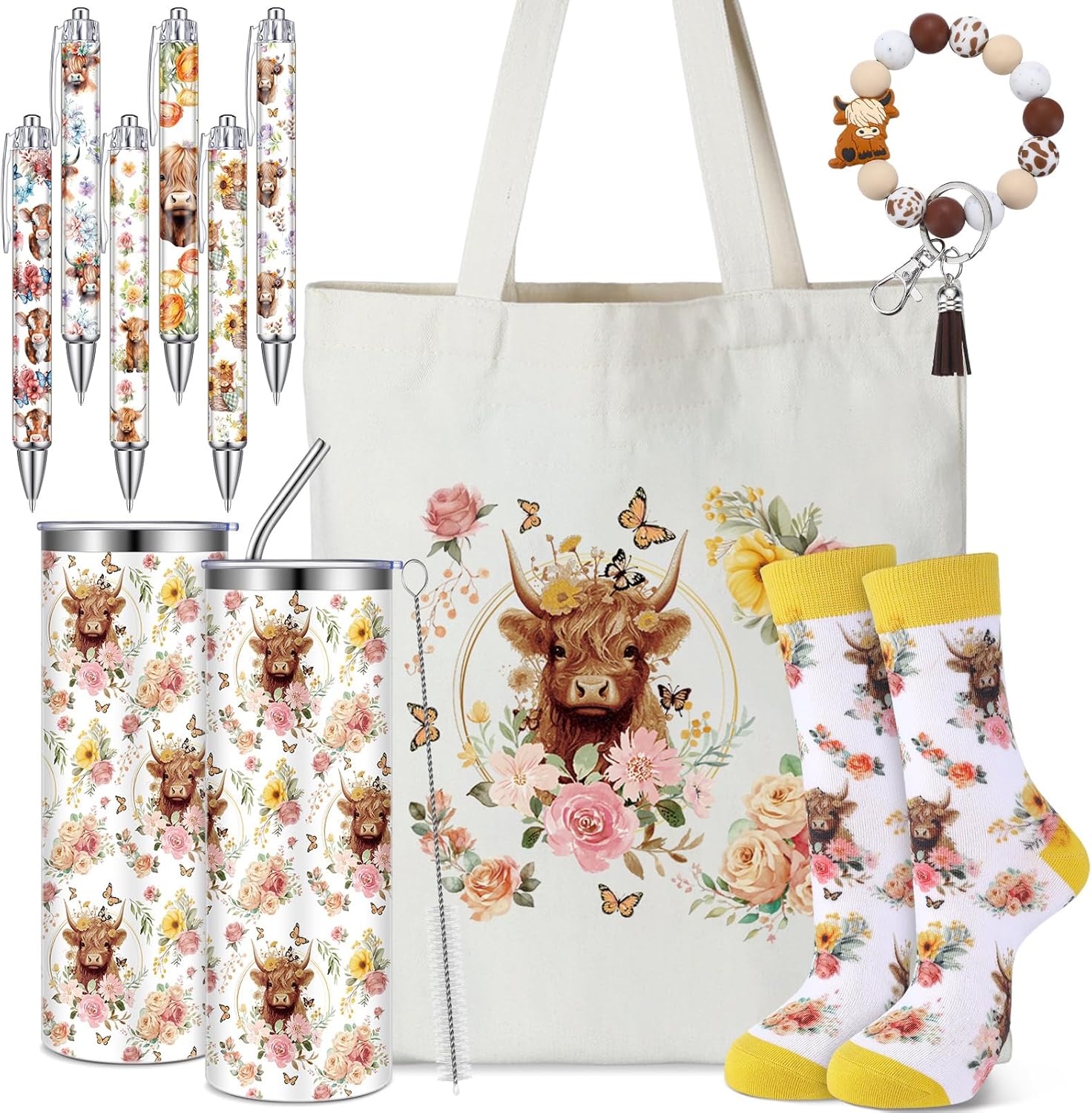 Skylety 5 Pcs Highland Cow Gifts Set for Women 20 oz Tumbler Floral Canvas Bag Pen Socks Silicone Keychain for Mom Sister Cow Lover Cute Christmas Birthday Gifts(Flowers)