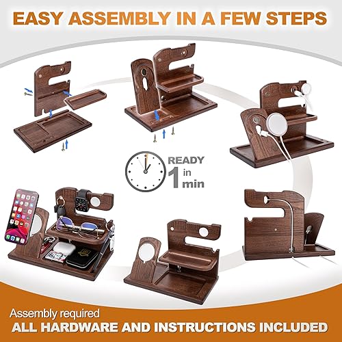 Miniatura 7 de TESLYAR Estación de acoplamiento de madera para teléfono compatible con MagSafe y cargador IWatch regalos de Navidad para hombres o papá para esposo