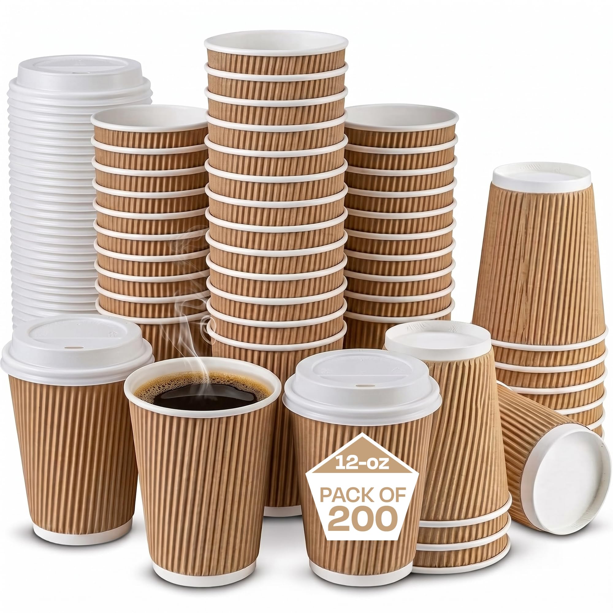 We Can Source It Ltd 200 x 12oz Ripple Brown Kraft Paper Cups - 3-PLY Disposable Insulated Coffee Cups with Secure White SIP Through Lids - Leak-Proof Durable Paper Cup for Tea, Coffee & Hot Beverages