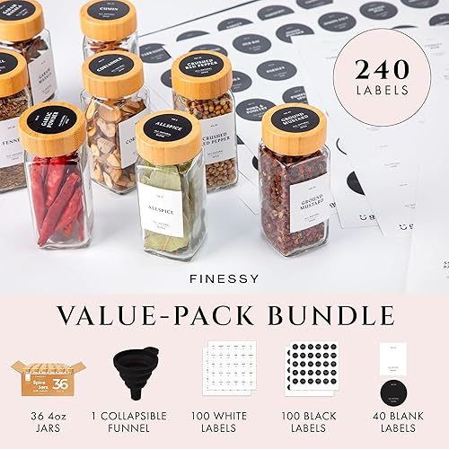 Miniatura 4 de FINESSY Tarros de especias de vidrio con etiqueta con tapas de bambú, juego de 36 unidades, botellas vacías de vidrio transparente para especias de