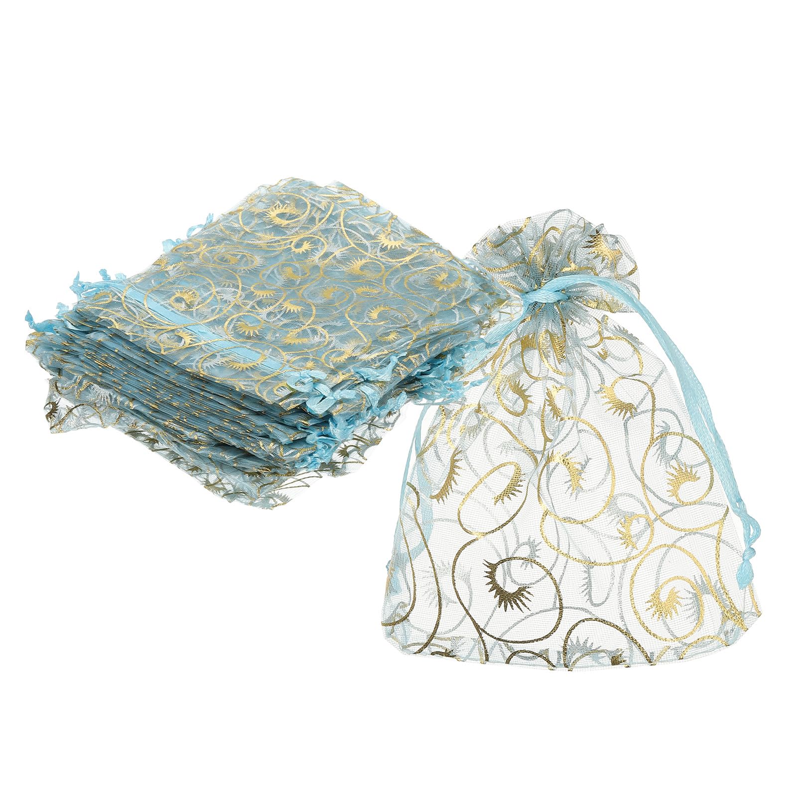sourcing map Organza Bags, 50Pcs 10 x 12cm Candy Mesh Bag with Drawstring Jewelry Gift for Party Favor Pouch Christmas Wedding Festival Small Gift, Light Blue