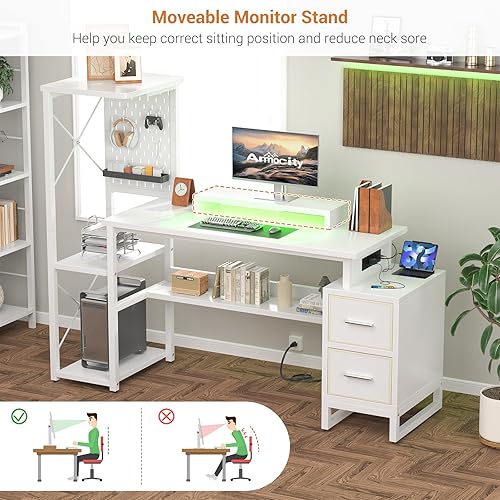 Miniatura 7 de Escritorio para computadora con 2 cajones de tela, escritorio reversible de oficina en casa con toma de corriente y luces LED, escritorio de 53