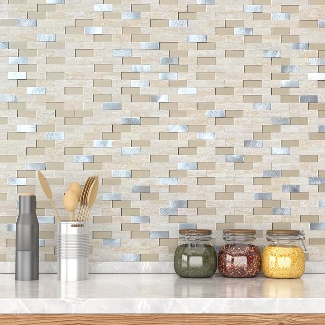VAOVI Self Adhesive Wall Tiles Kitchen Tile Splashback,3D Tile Wall Sticker Self-Adhesive for Bathroom Mosaic Tiles Brick Waterproof(10sheets,Beige)