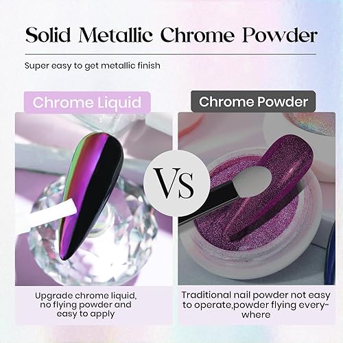 Miniatura 5 de MIZHSE Líquido de uñas cromado iridiscente, 0.3 onzas líquidas con base y capa superior negra, efecto espejo mágico, polvo cromado Aurora brillante