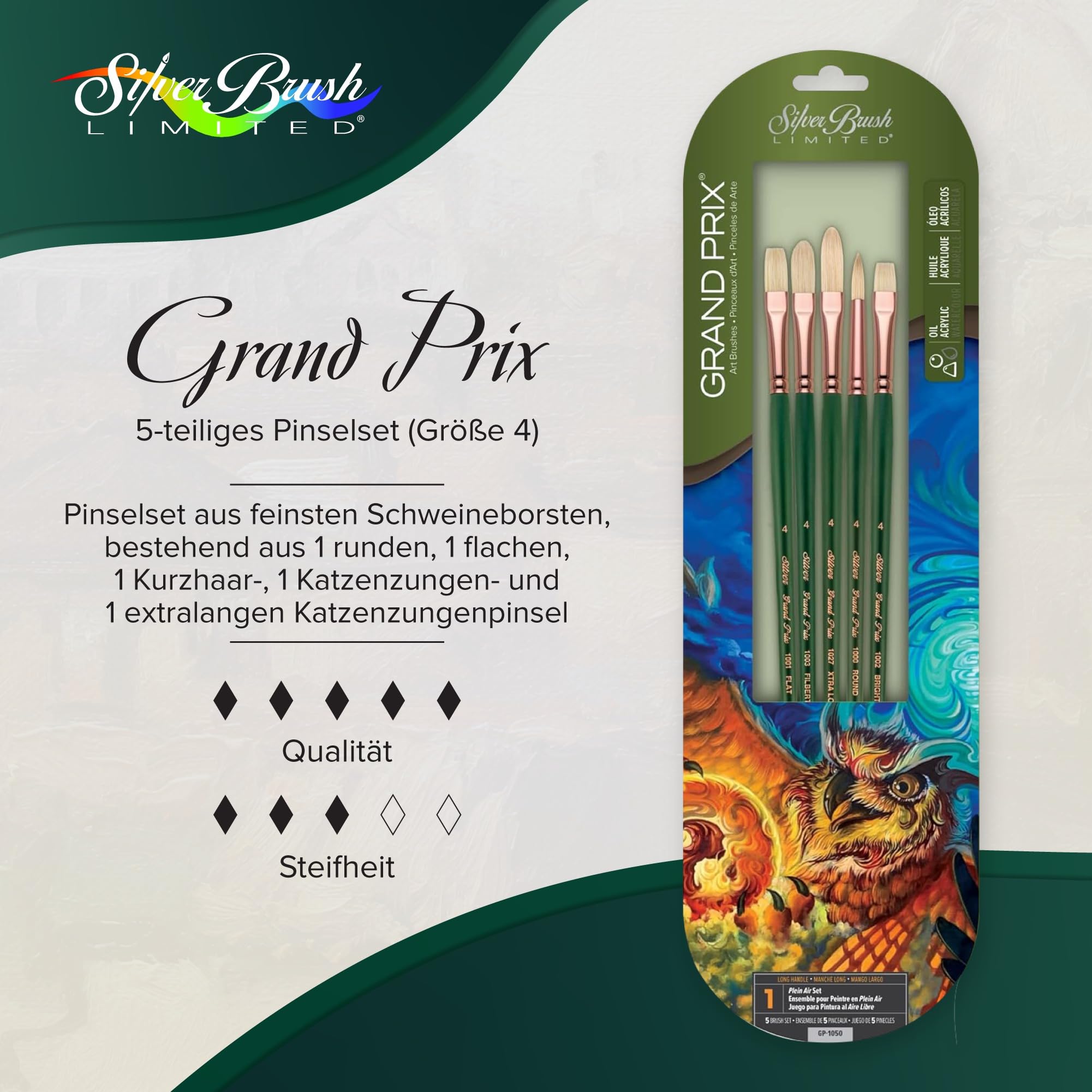 Silber Pinsel gp-1050 Grand Prix Langer Griff Pinsel-Set, 5 pro Pack | Rund, flach, hell, filbert, langer Griff, steife Schweineborsten, Landschaft, botanisch, florale Designs, Staffelei-Malerei