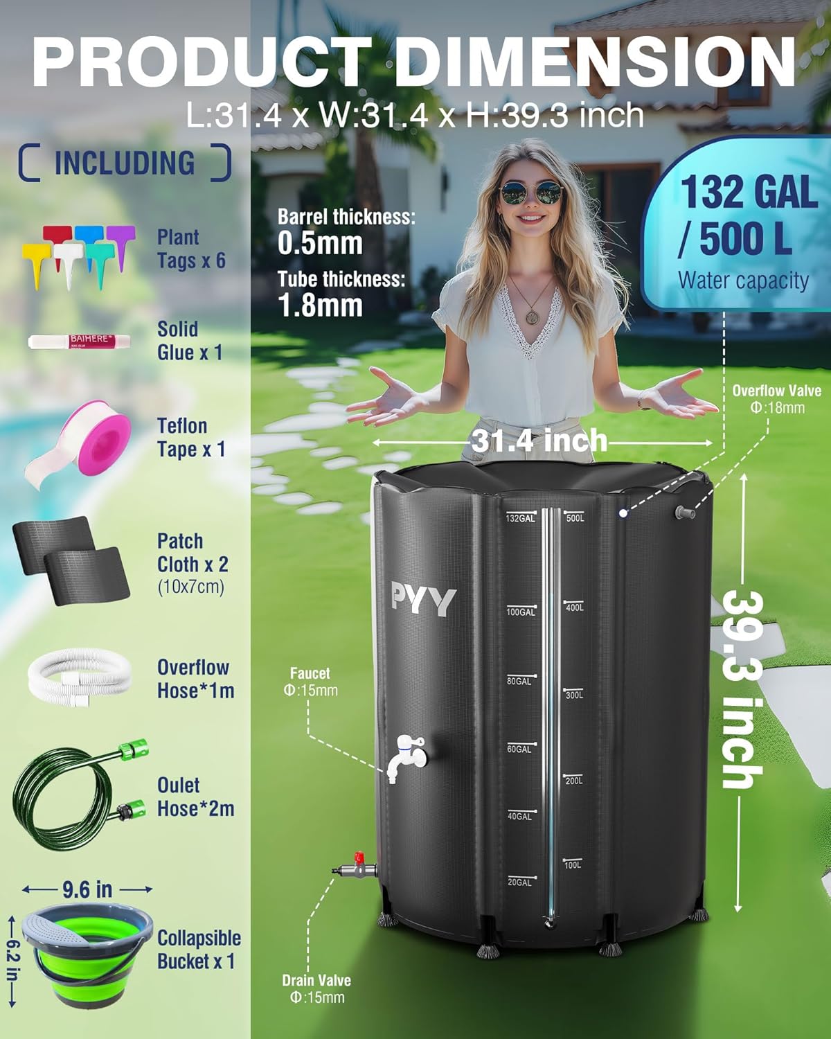 PYY Rain Water Collection Barrel - 132 Gallon Black Water Storage Tank with Spigot, Hose and Portable Bucket, Large Plastic Collapsible Rain Catcher Catchment System to Collect Rainwater from Gutter