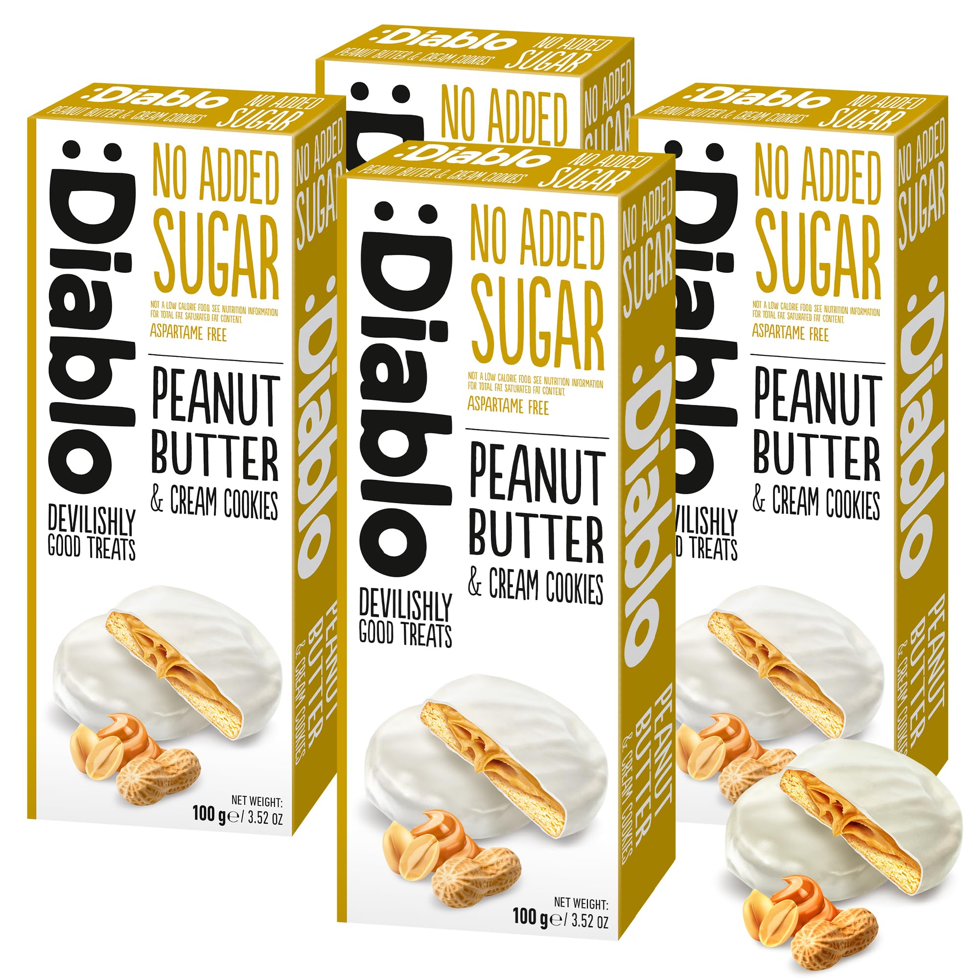 Diablo No Added Sugar Cookies, Peanut Butter and Cream Cookies – Delicious No Sugar Biscuits, Guilt-Free Snacks for Adults & Families, Sweet Treats Sweetened with Maltitol, 100g (Pack of 4)