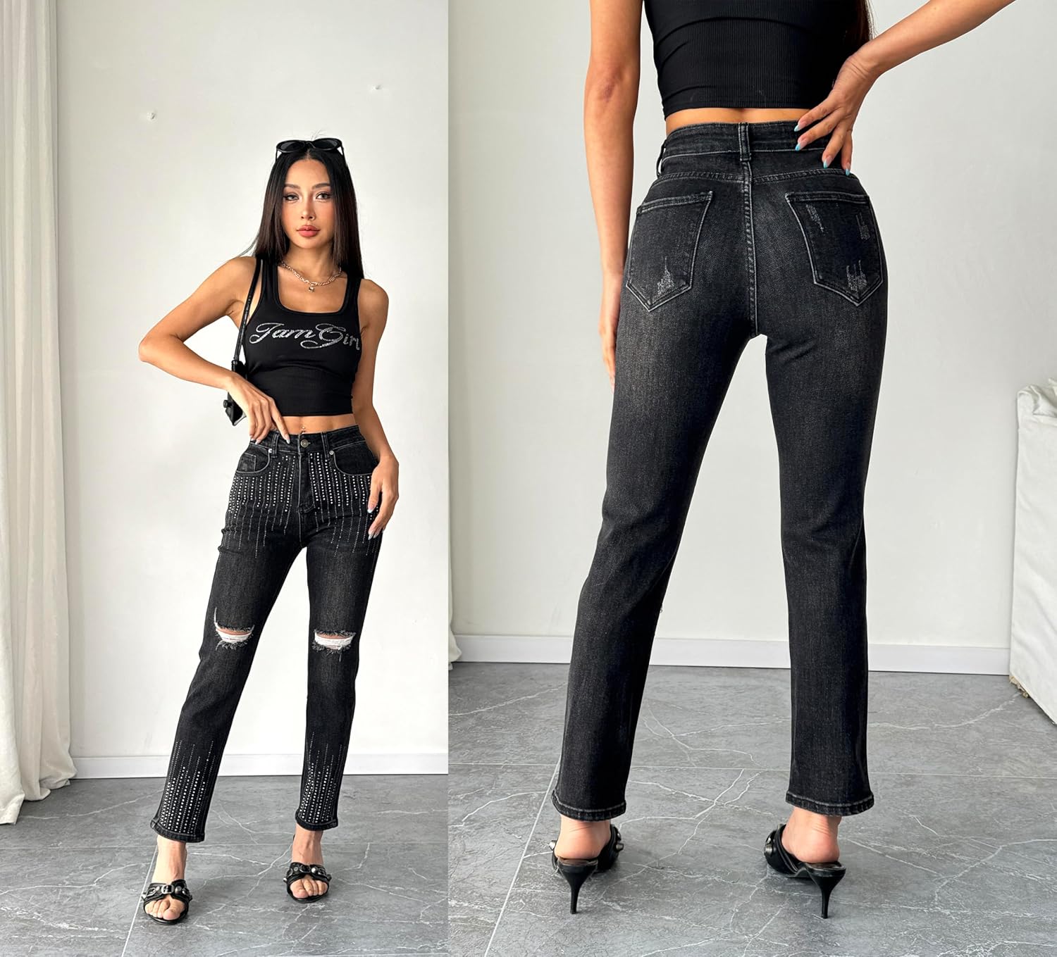 heipeiwa Women's Rhinestone Jeans Straight Denim Pants High Waist Sparkle Shiny Sequin Ripped Distressed Jean - Image 6