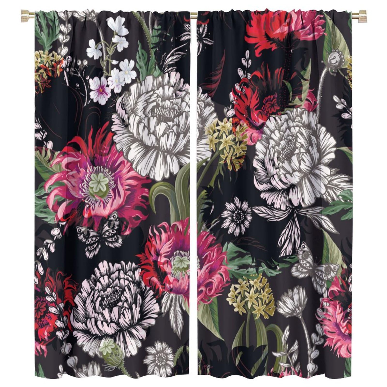 Vintage Black Boho Floral Curtains, Colorful Bohemian Mandala Flower Leaves Red Wild Flowers Butterfly Room Darkening Window Treatments Drapes for
