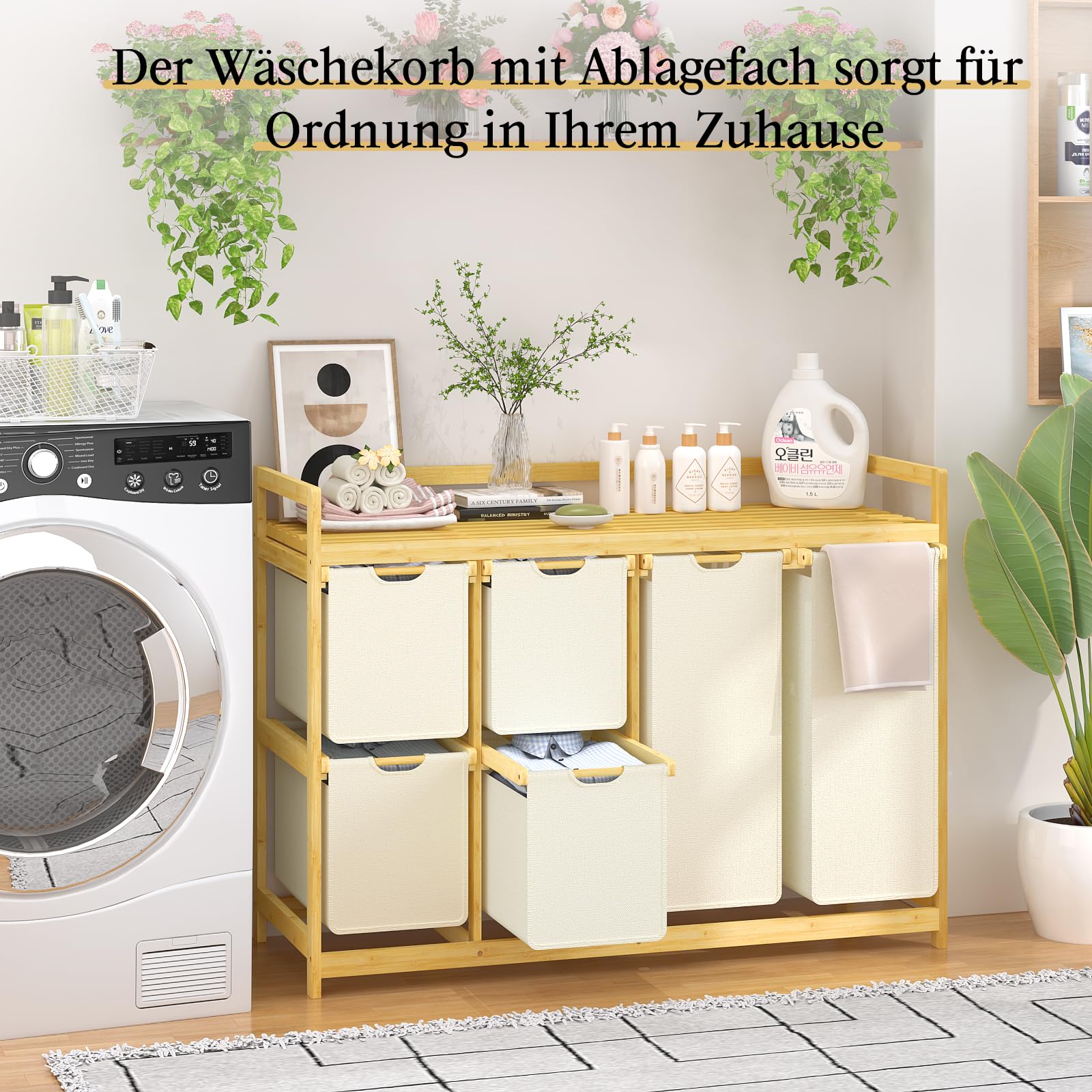 efluky 200L Wäschekorb 6 Fächer, Große Wäschesammler mit Korb Wäschesortierer mit 2 Wäschesäcken und 4 Stoffboxen, Laundry Basket Wäschebox Bambus Wäscheregal für Badezimmer, Schlafzimmer, Beige