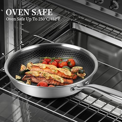 Miniatura 5 de Innerwell Juego de 2 sartenes de acero inoxidable de tres capas con tapa, 9.5 pulgadas y 11 pulgadas, antiadherentes de panal, de acero inoxidable,