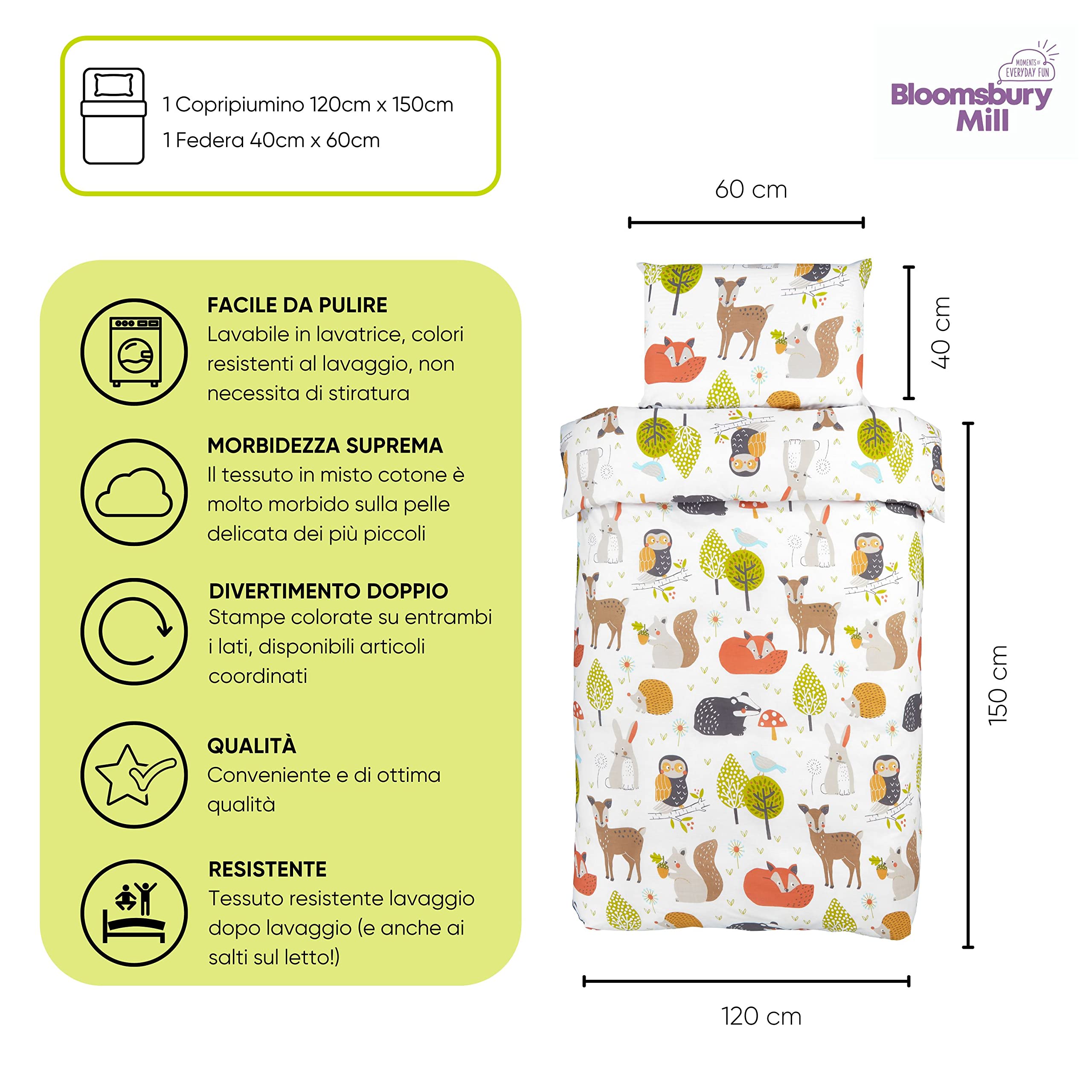 Bloomsbury Mill - Set biancheria da letto per bambini - Animali del Bosco – Set Copripiumino Lettino e federa per Ragazzi e Ragazee - Lenzuola Culla per junior e bambino 120 x 150cm