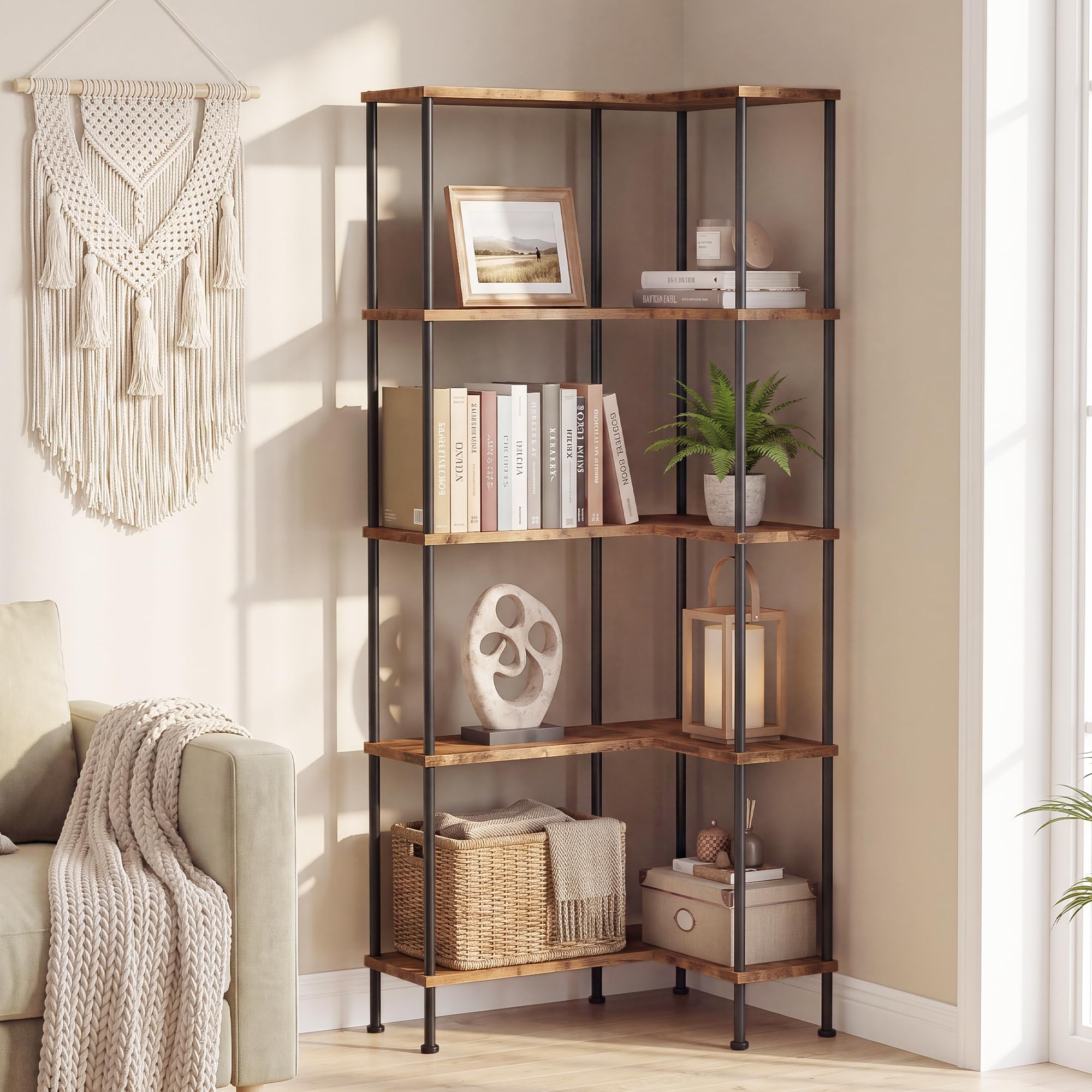 OYRREU 5 Tier Corner Shelf Unit, Industrial Tall Bookcase for Living Room