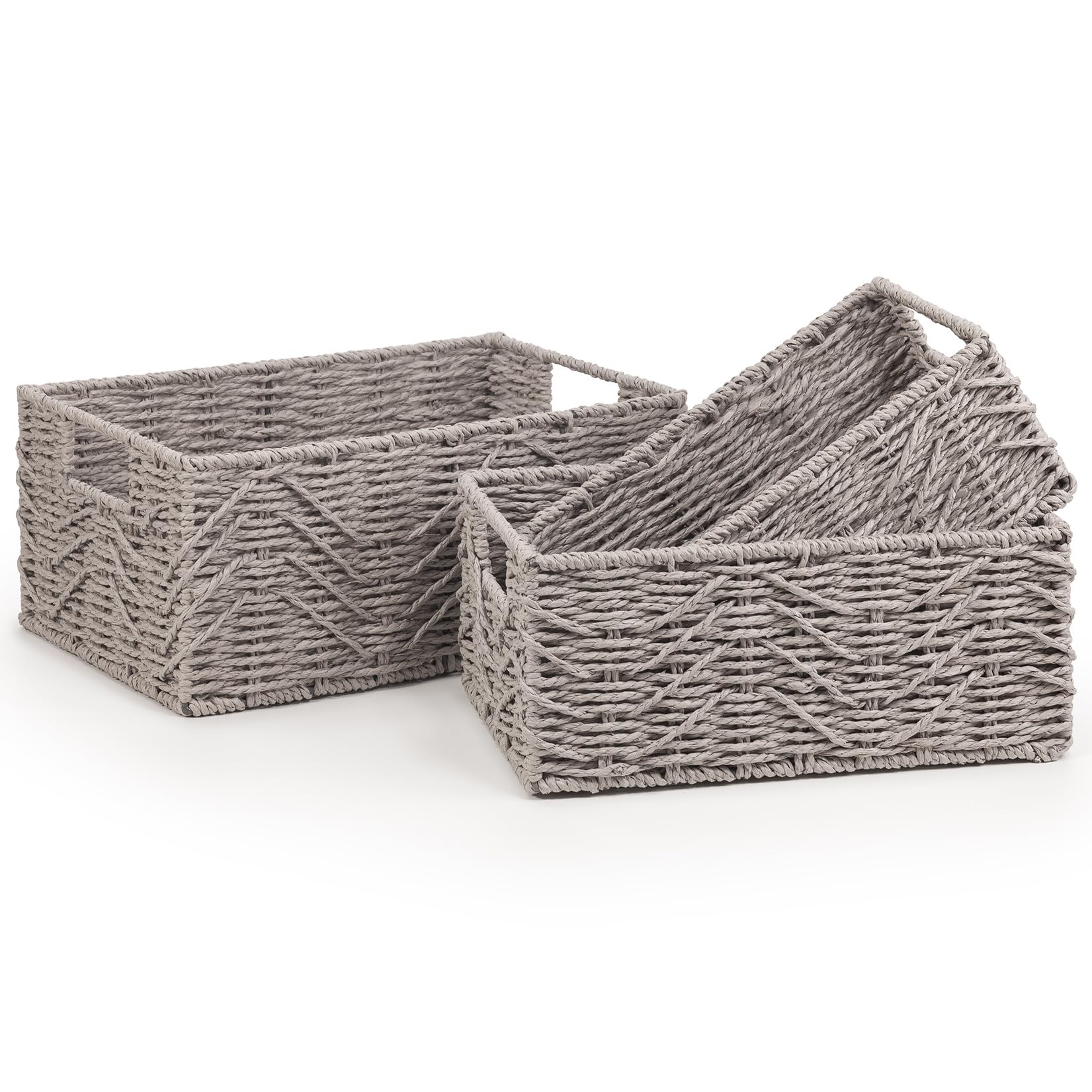 Woodluv Set Of 3 Storage Basket - Grey Woven Wicker Storage Baskets, Paper Rope Storage Boxes, Drawer Closet Shelf Dresser Basket, Storage Baskets For Shelves, Set Of 3, Grey
