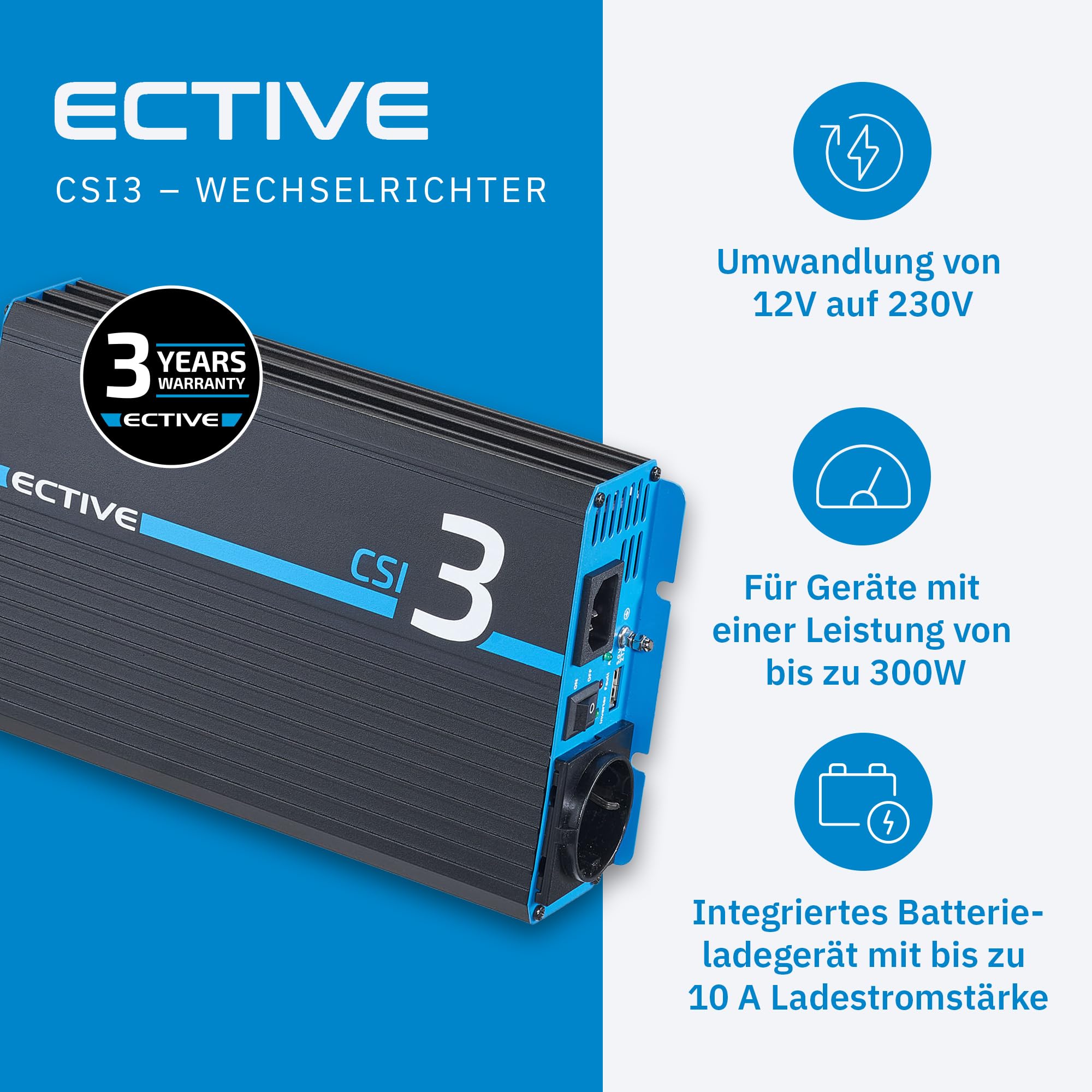 ECTIVE - Wechselrichter 12V auf 230V CSI 3-300W Reine Sinuswelle - Offgrid-Spannungswandler DC/AC Strom mit USB, Überlast- & Überhitzungsschutz, NSV & USV Funktion und Batterieladefunktion bis 10A