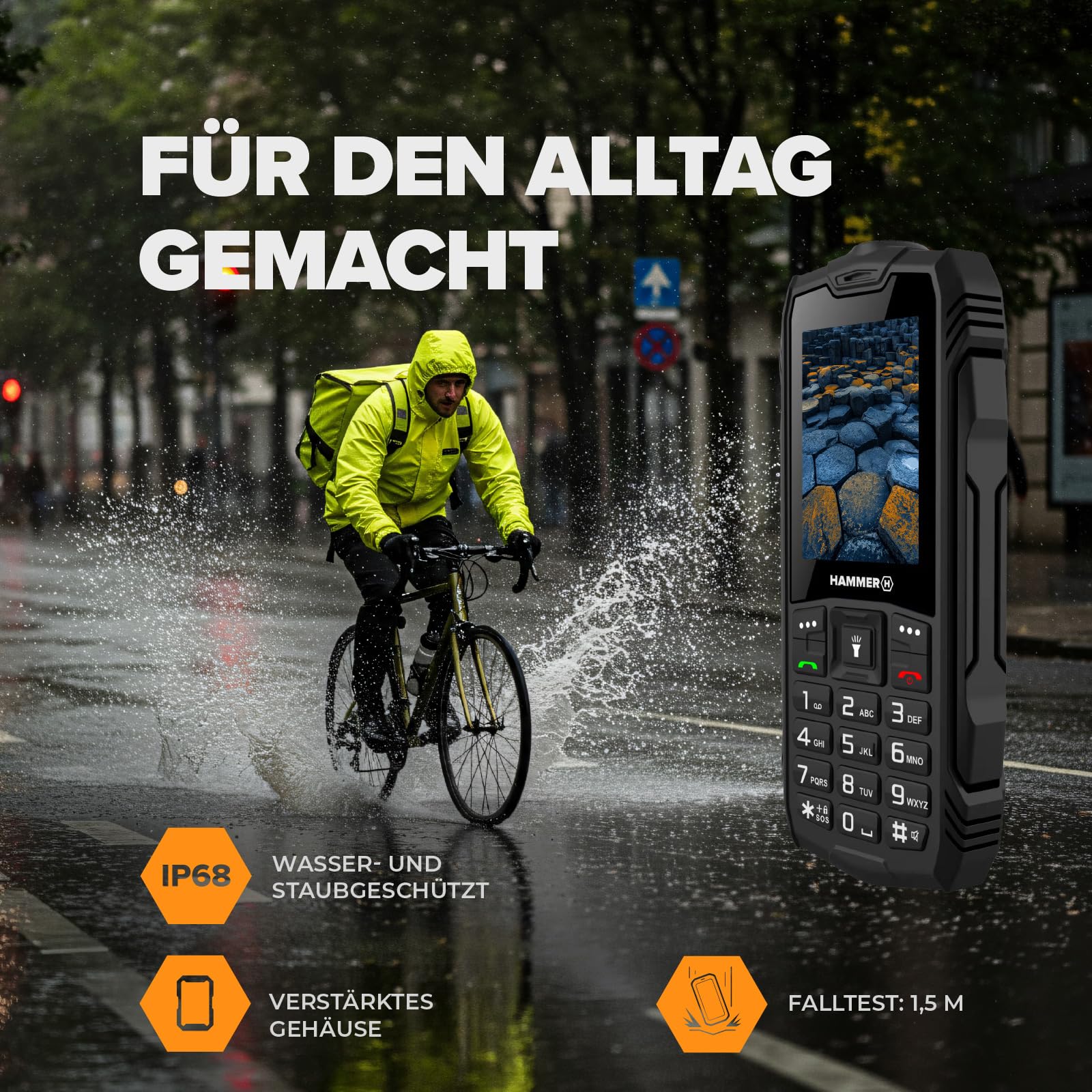 Hammer H Basalt Outdoor Handy ohne Vertrag, 2.4 Zoll Farbdisplay, Robust, Mega Batterie 1800 mAh, Wasserdicht (IP68), Stoßfest, Baustellen Tasten, Taschenlampe, Dual SIM, Tastenhandy - Schwartz