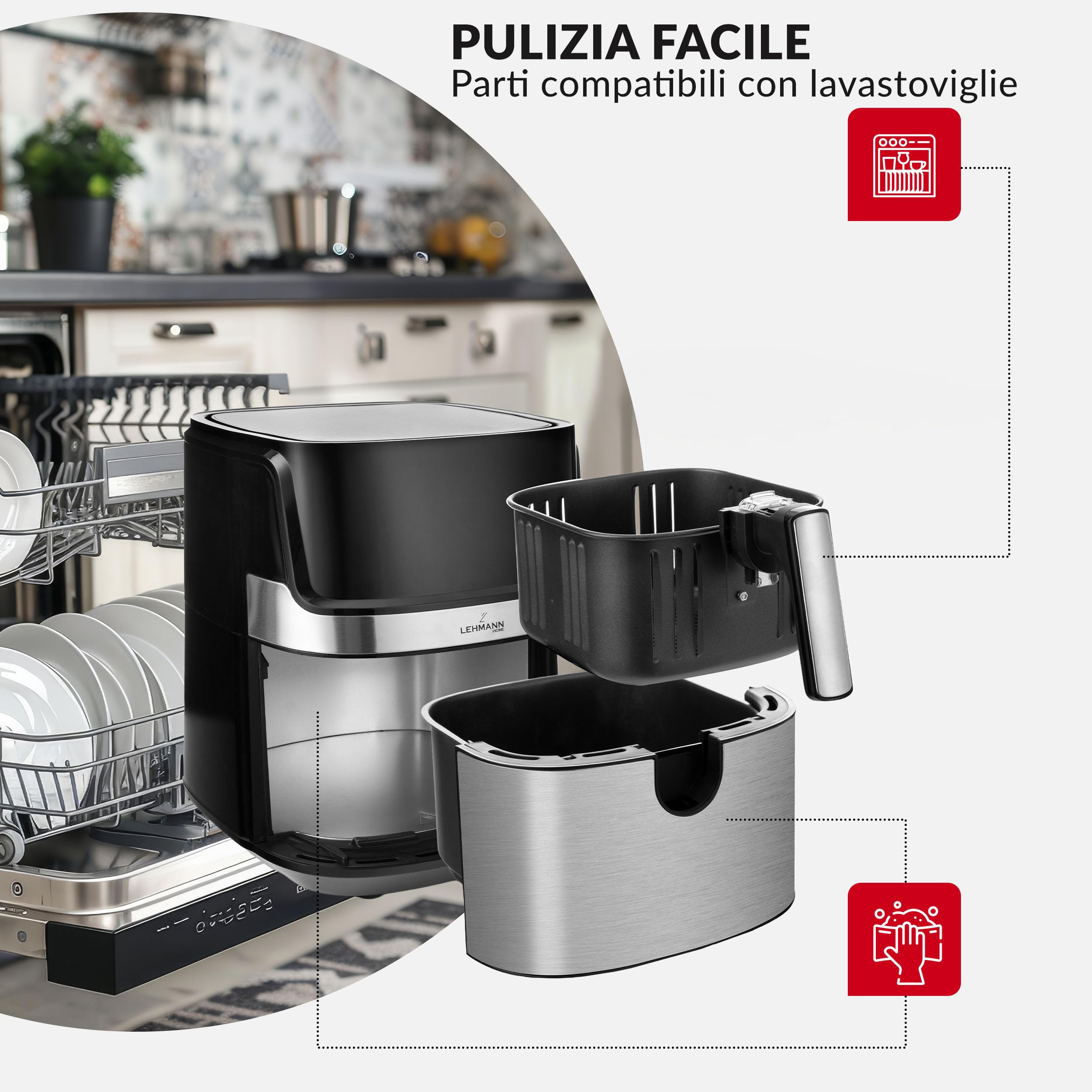 LEHMANN Friggitrice ad aria 6,5L, Air Fryer mit 8 Programmi, Cassetto Antiaderente di Grande Capacità, Display Touch, Timer, Temperatura Regolabile 80–200 °C, Cassetto Lavabile in Lavastoviglie