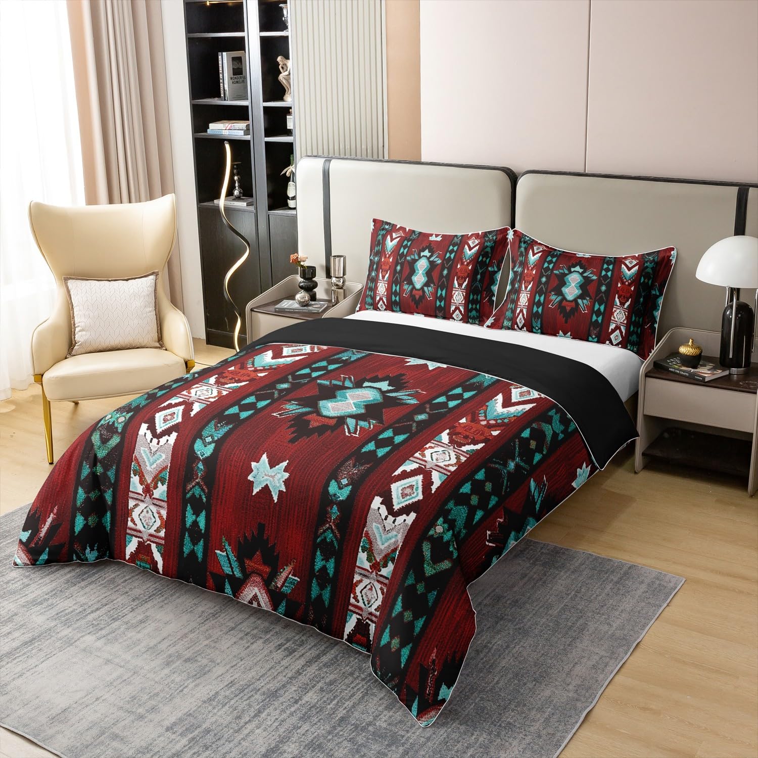 Loussiesd Rot Südwesten 100% Baumwolle Bettwäsche Set 135x200cm Geometrisch Bettwäsche Dekor Tribal Exotic Style Native American Indian Design Bettbezug Set Streifen Linie Bettwäsche-Set