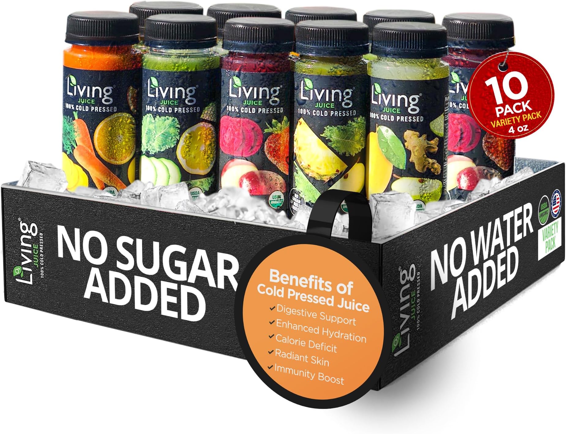 O2 Living Juice Cold Pressed Drink Variety Flavors Pack - Organic Juice Drinks - No Added Sugars or Water, Natural Sweetness from Fruits, Rich in Nutrients & Vitamins, Non-GMO - 4 oz, 10-Pack