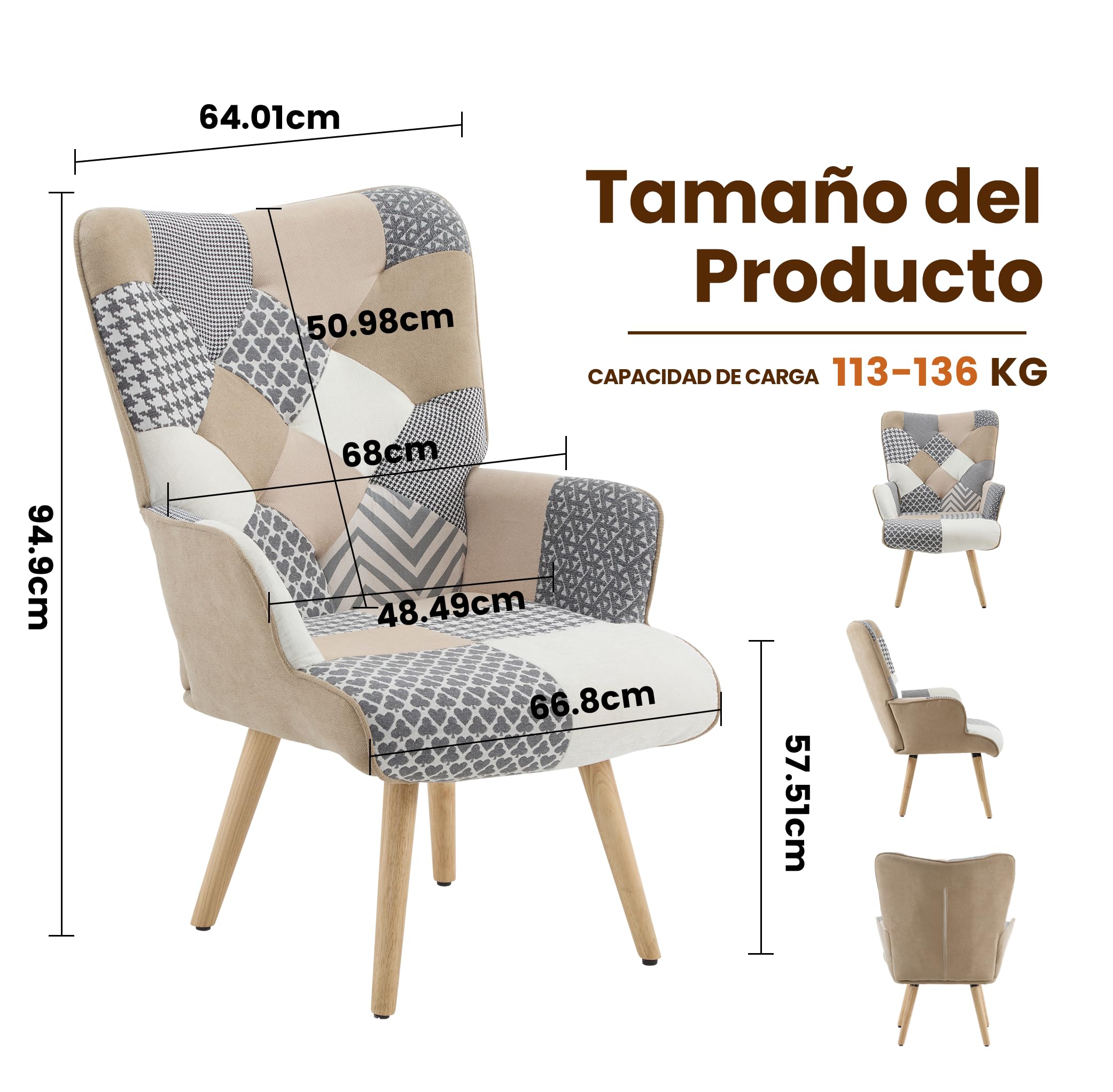 Pack de 2 Sillones de Acento Patchwork, Sillones Tapizados de Tela de Lino con Respaldo Alto y Patas de Madera para Salón, Dormitorio y Sala de Espera, Gris