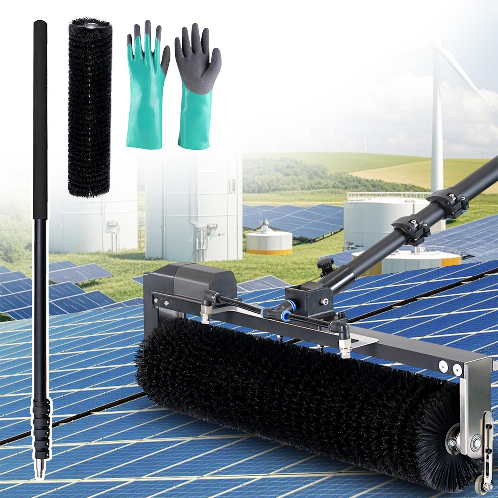 AYCDL Automatic Solar Panel Cleaning Roller Brush with Water Supply, Adjustable Telescopic Pole Kit,7.5m