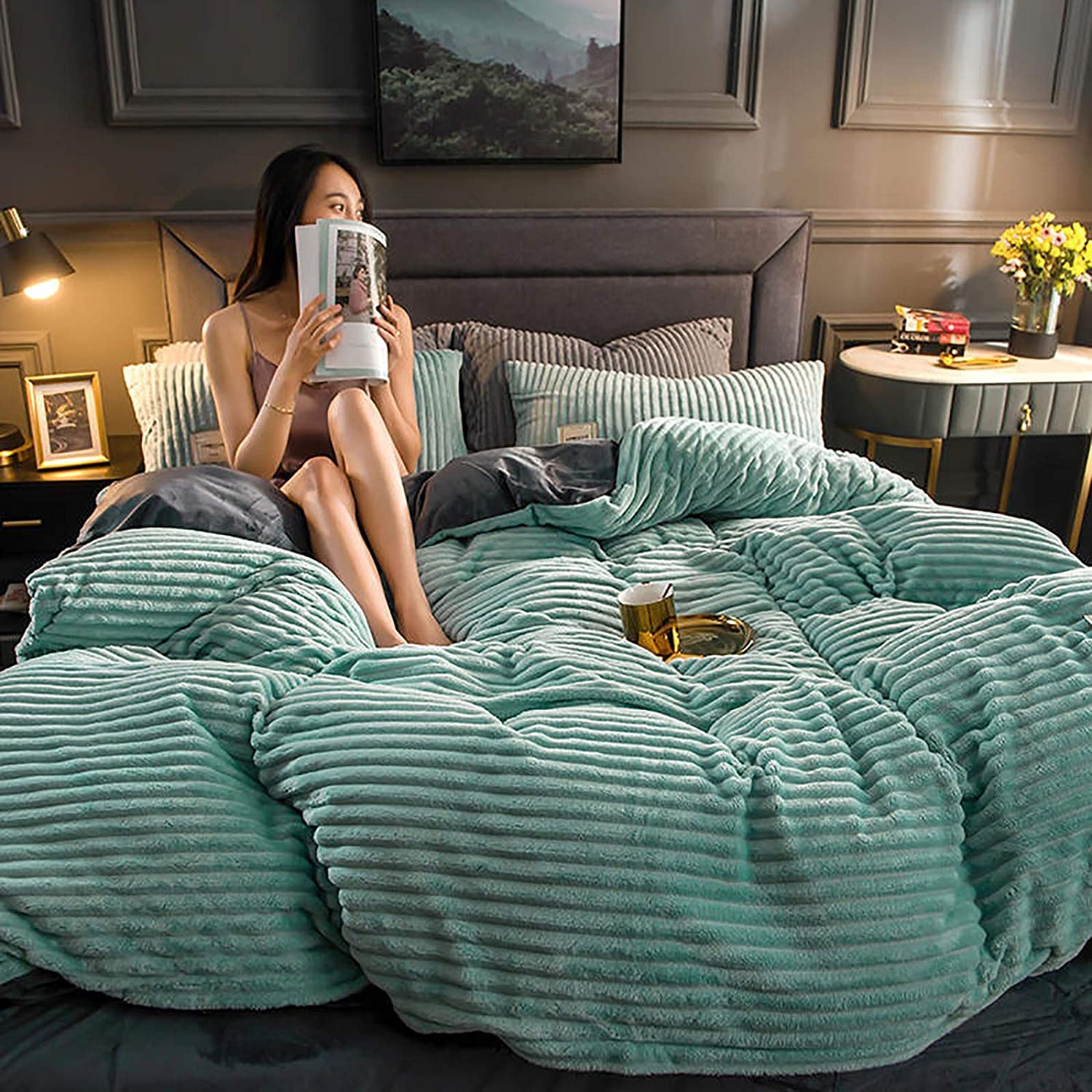 MGEMJMJ Thicken Solid Colors Flannel Duvet Cover,Comforter Cover,Soft Warm Reversible Quilt Cover With Pillow Shams Luxury Velvet Bed Blanket(Size:220x240cm(87x94inch),Color:Green)