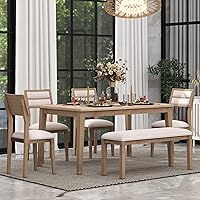 Vista 10 de Juego de mesa de comedor de madera de goma de 6 piezas con patrón de grano de madera y cojín suave, mesa de comedor rectangular con 4 sillas