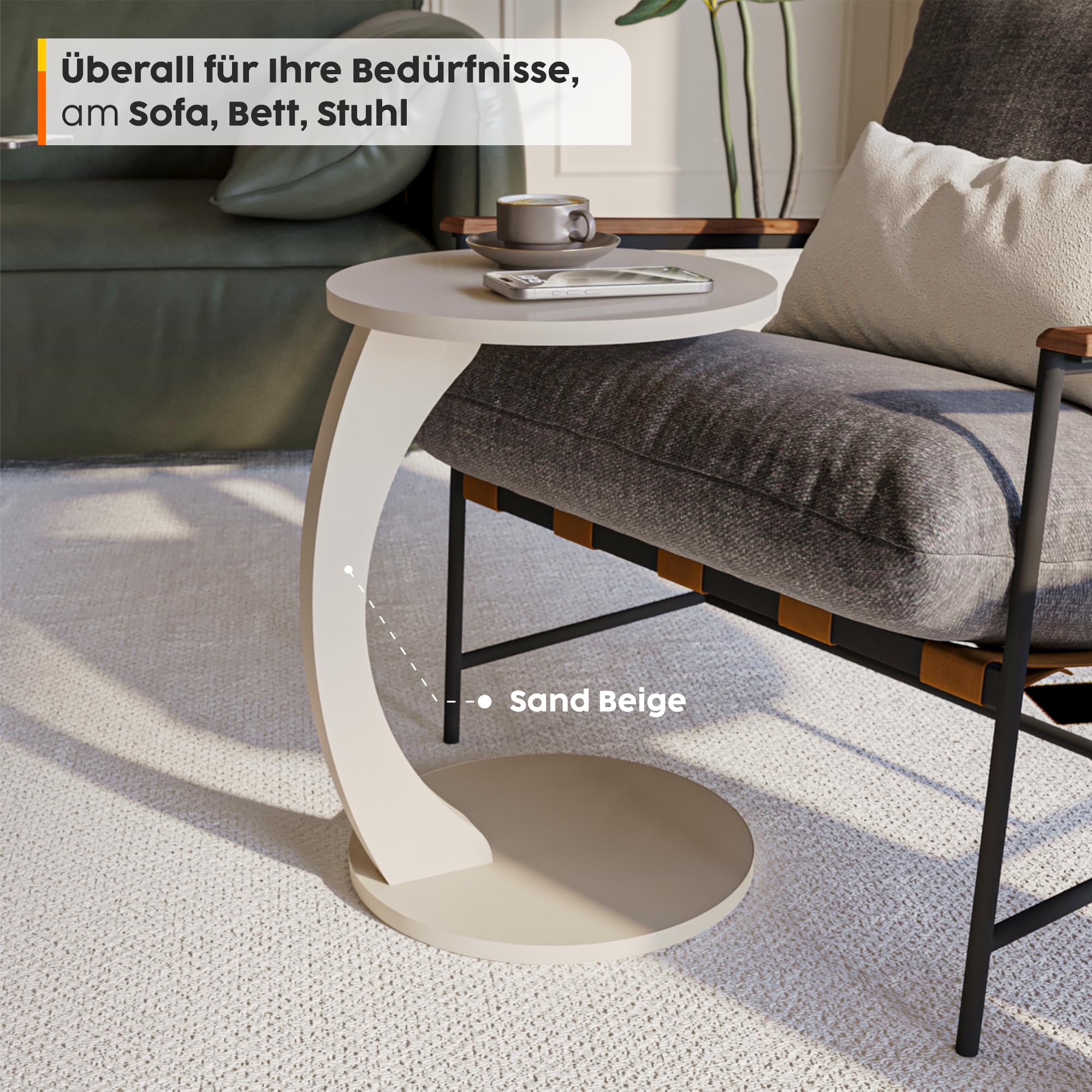 sugodesign Coffee table with wheels, small side table C shape, side table, sofa, stylish coffee table in beautiful sand-beige look, round table as a