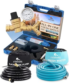 RV Fresh Water Kit w/Drinking & Santation Hose - RV Water Pressure Regulator, Filter, Hose Connectors, Leak Repair Kit, Carrying Case, 35 Drinking Water & Sanitation Hose