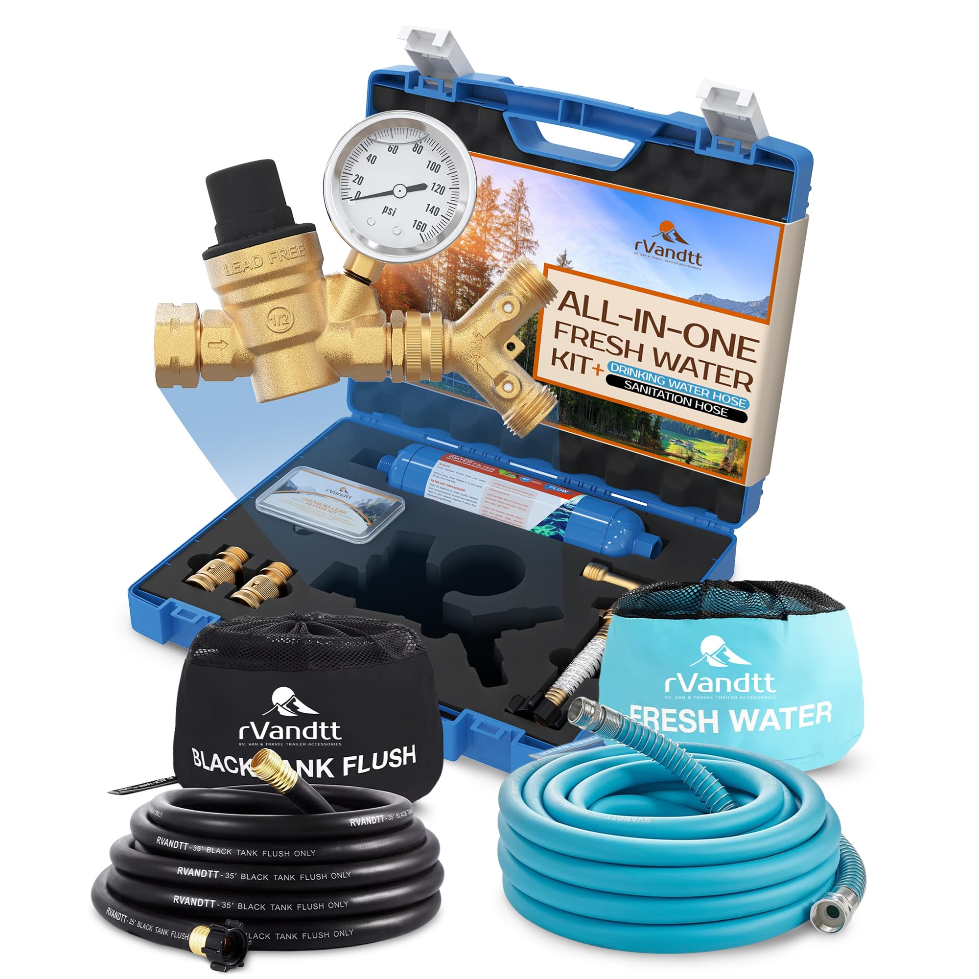RV Fresh Water Kit w/Drinking & Santation Hose - RV Water Pressure Regulator, Filter, Hose Connectors, Leak Repair Kit, Carrying Case, 35' Drinking Water & Sanitation Hose