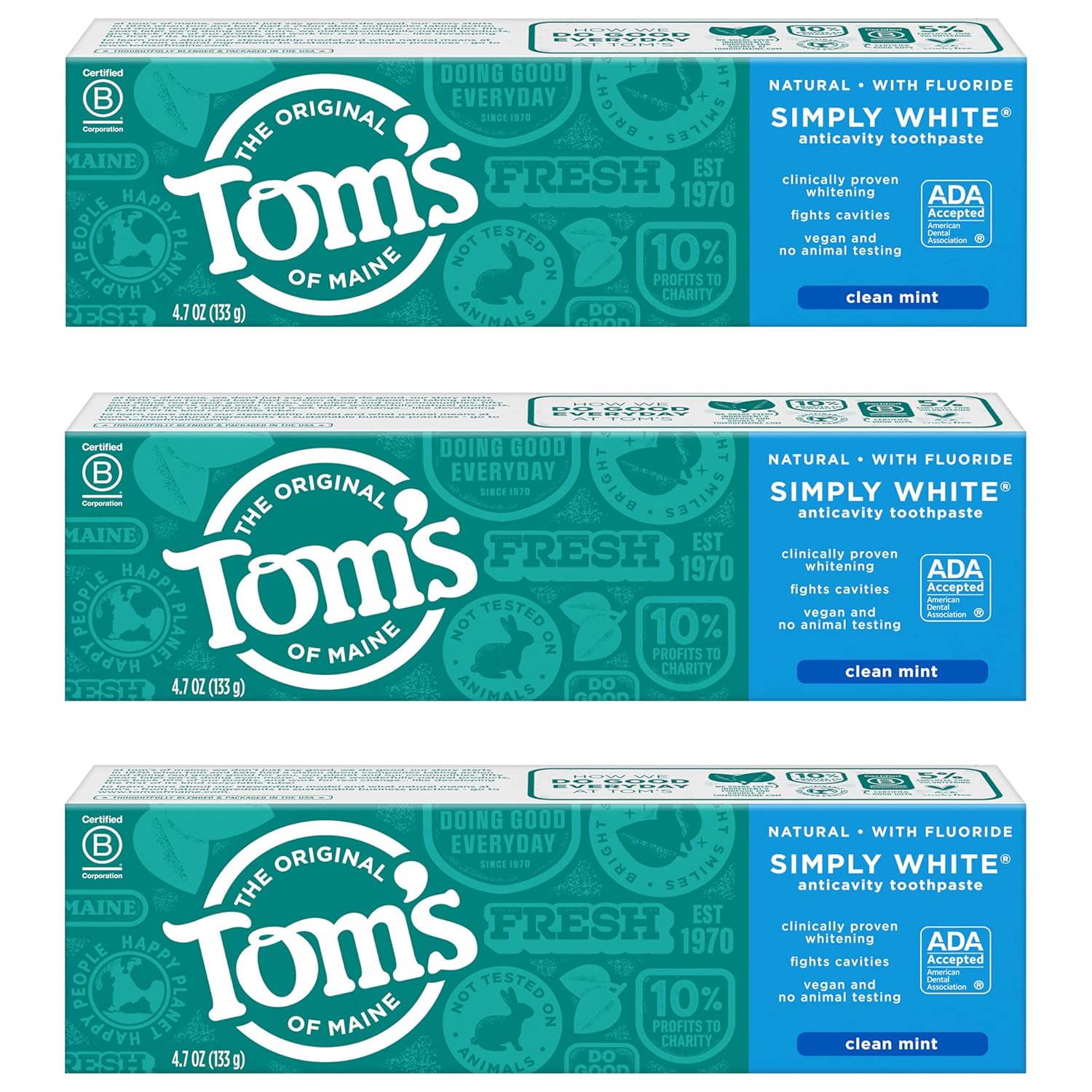 Tom's of Maine Simply White Toothpaste, Clean Mint, 4.7 oz. 3-Pack (Packaging May Vary) Mint 4.7 Ounce (Pack of 3) - Image 1 of 9