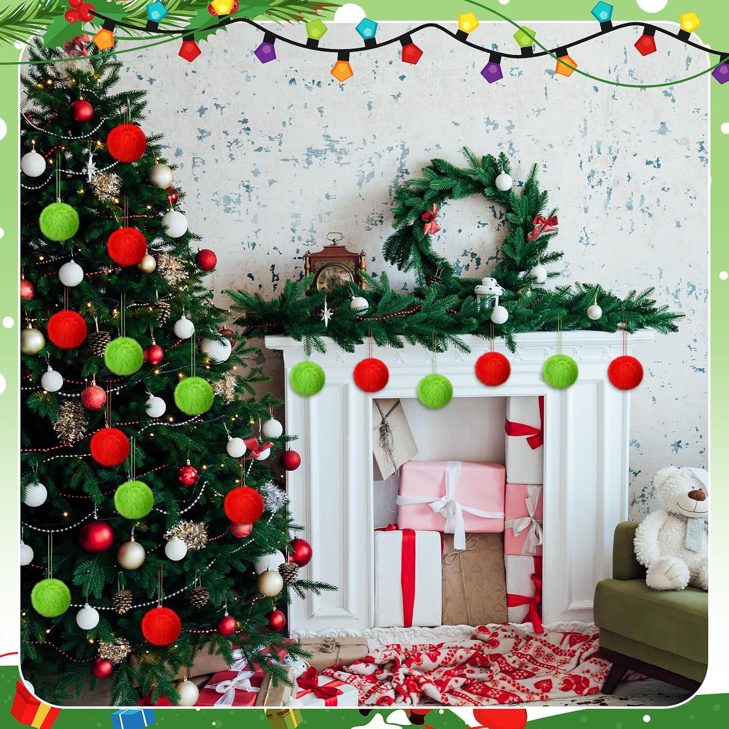 Gejoy 12 Pcs Red and Green Furry Christmas Ball Ornaments for Xmas Tree