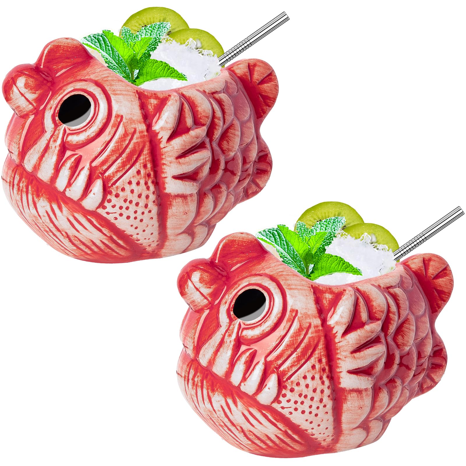 tiki Mugs Fish Tazas de cerámica hawaiano cóctel diseño creativo 697.4 g/700ml Tiki vasos - Juego de 2