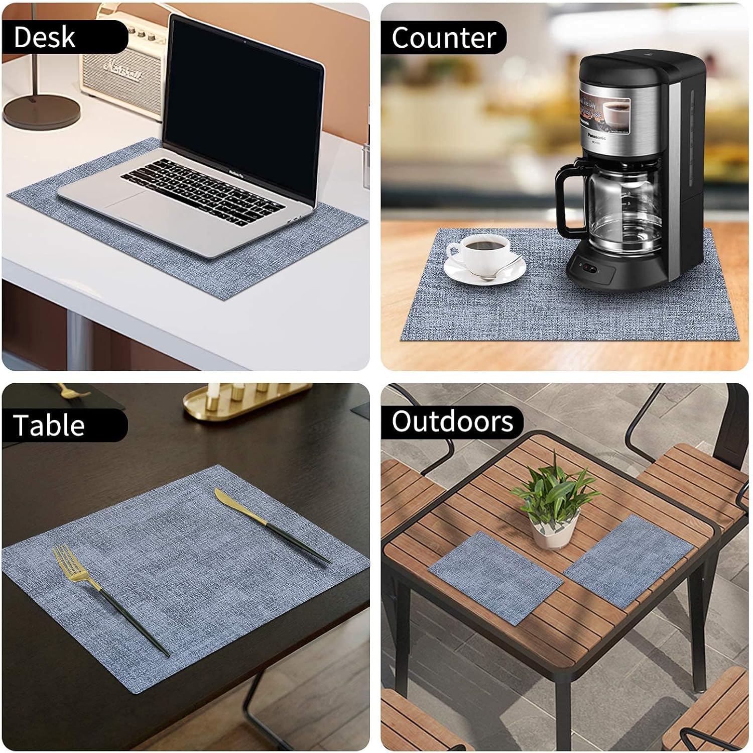 homing Faux Leather Heat Resistant Placemats 6 Packs, Waterproof Wipeable Dining PU Place Mats for Indoor & Outdoor, Easy to Clean, Denim Blue