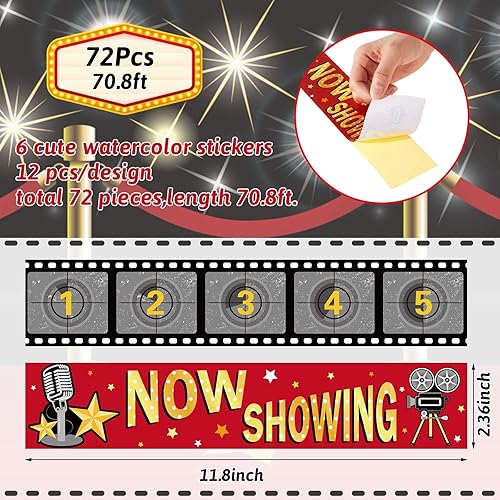 Miniatura 2 de 72 piezas de cinta de película de noche de cine para fiesta marquesina roja borde recto decoración de carrete de película para aula tablones de