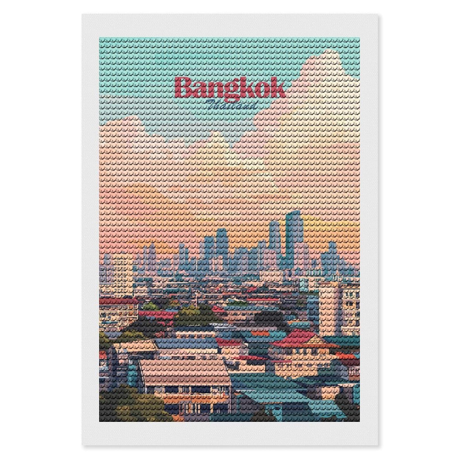 Junmoney Bangkok Thailand Cityscape Illustration DIY Diamond Art Canvas Kit 8"x12", Simple to Start, Fun Craft Experience, Modern Decor, Gift Idea, Adhesive Canvas