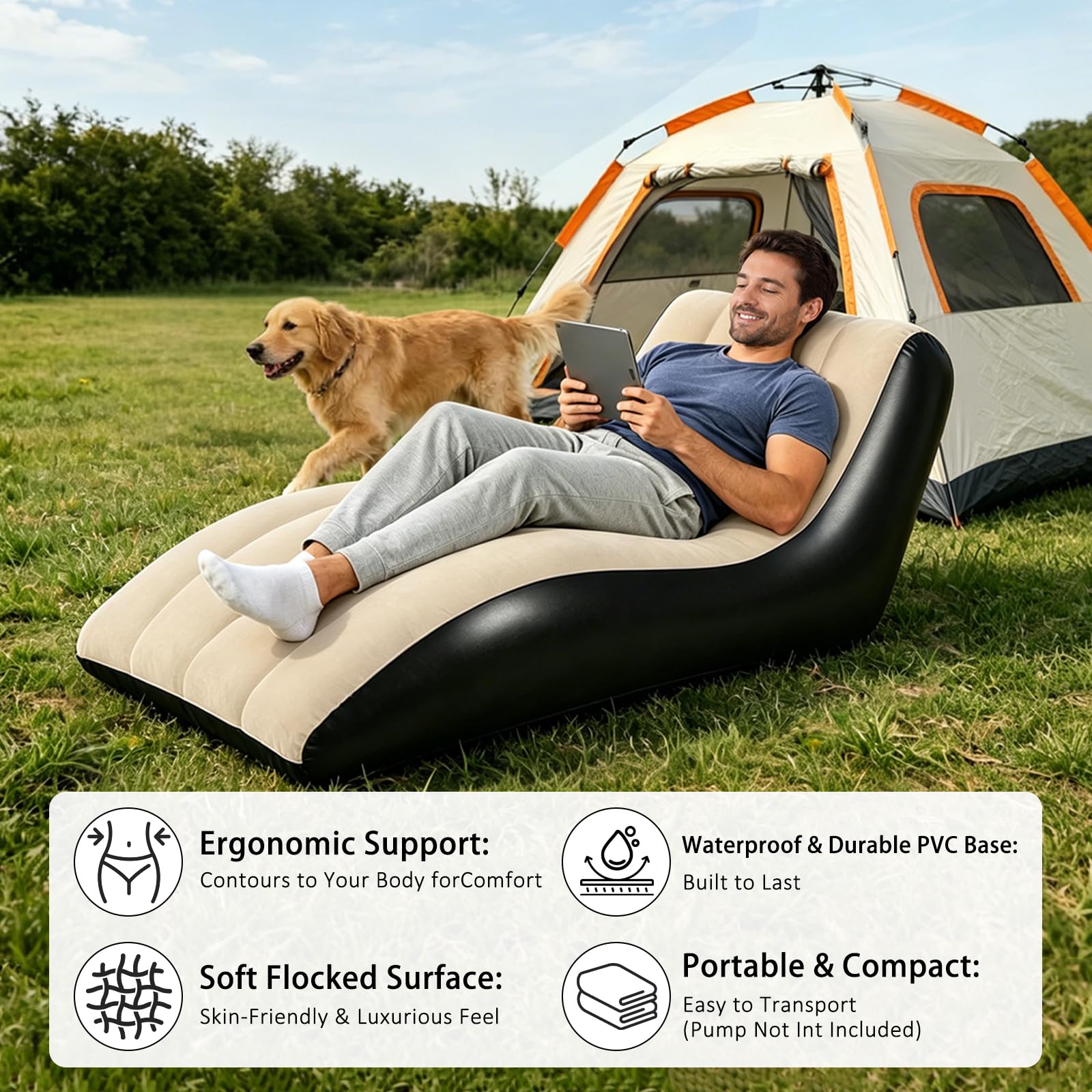 Luftsofa Aufblasbar - Beflockte Outdoor Couch für Camping, Strand & Wohnzimmer - Wasserdicht & Robust - Schnell Aufbaubar mit Pumpe - Ideal für Reisen & Garten (Khaki)