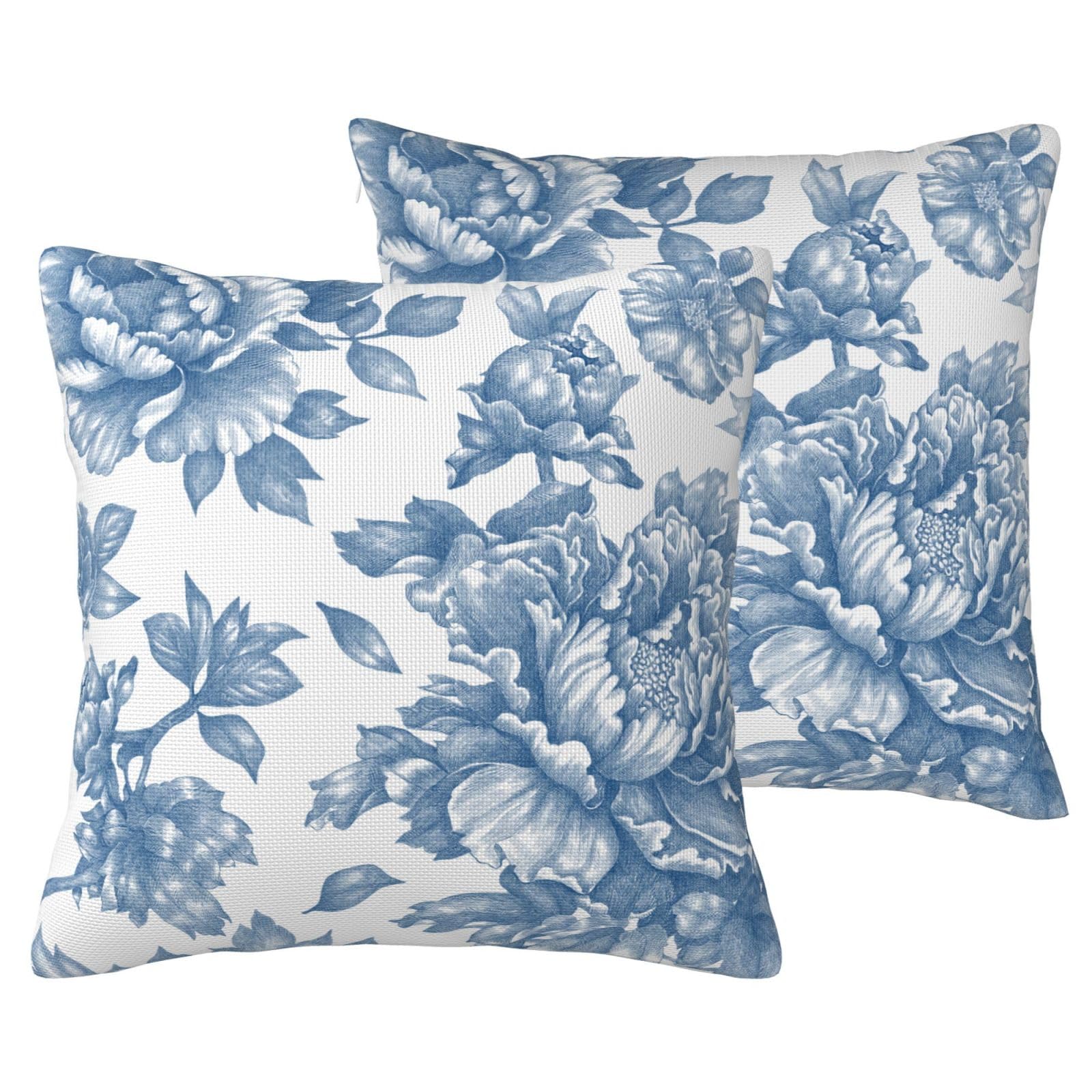 LOHDALOLF Blue Floral Cushion Covers 45x45 cm Set of 2, Waterproof Flowers Cushion Cases, Toile Farmhouse Decorative Pillow Covers for Spring Patio Furniture — image 1