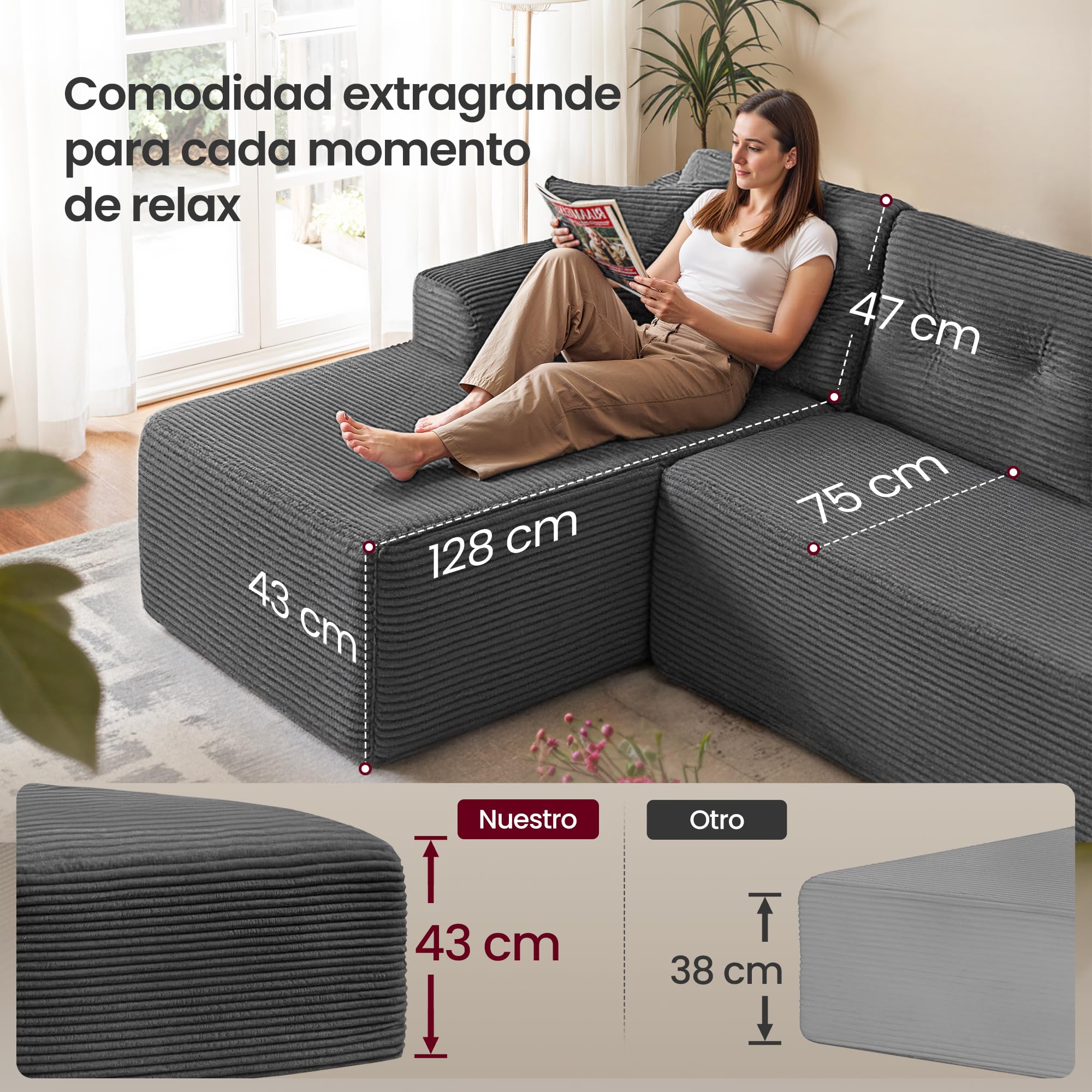 VASAGLE Sofá Esquinero, Sofá Modular de 244 cm, Entrega Compacta, Sin Montaje, con Gran Chaise Longue a la Izquierda, para Salón o Habitación de Invitados, Gris Pizarra LCS183GN01