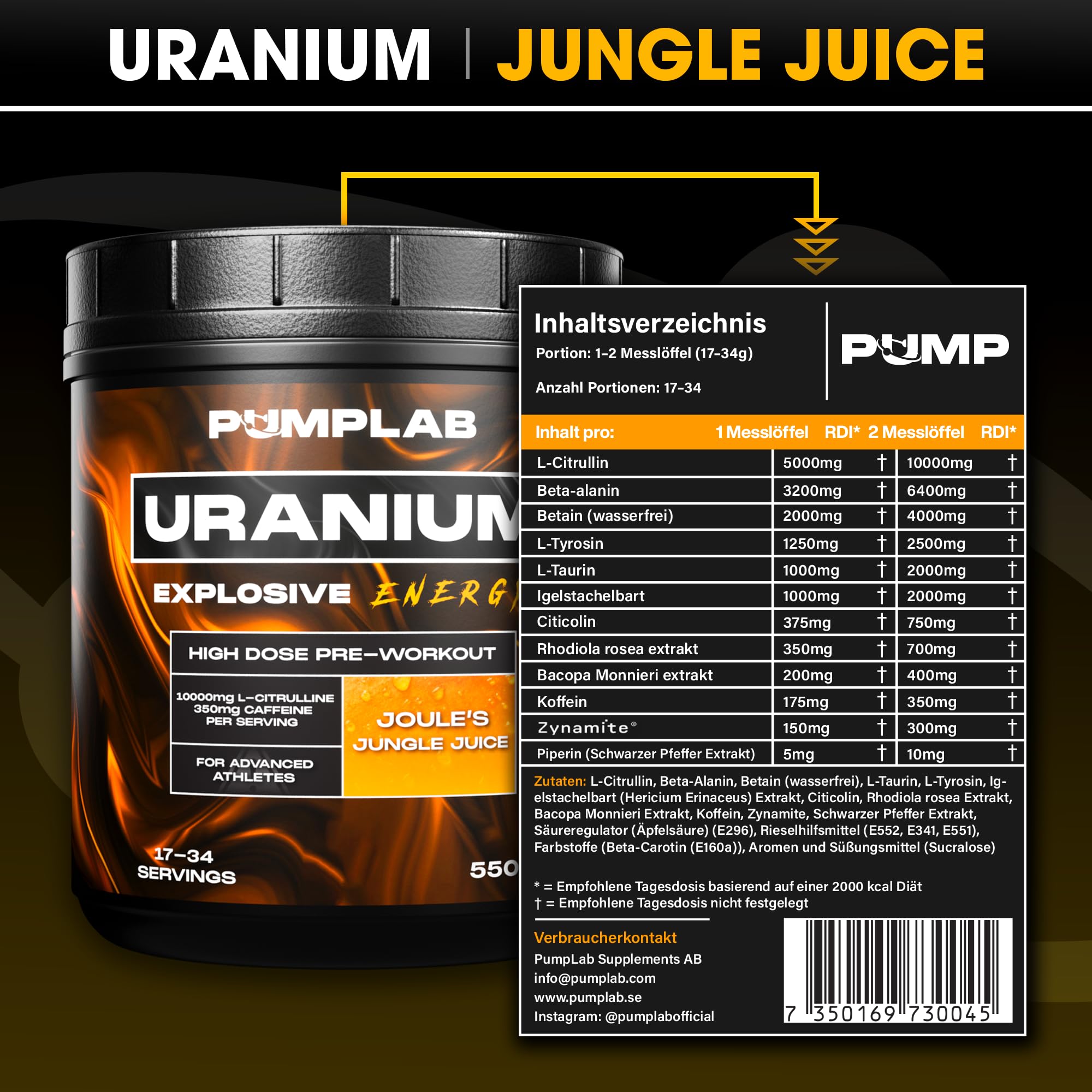 Uranium – Hardcore Pre-Workout mit hohem Koffeingehalt, L-Citrullin, Beta-Alanin & Nootropika, 550 g PWO für Energie, Pump & Fokus, pre workout booster Hergestellt in Schweden