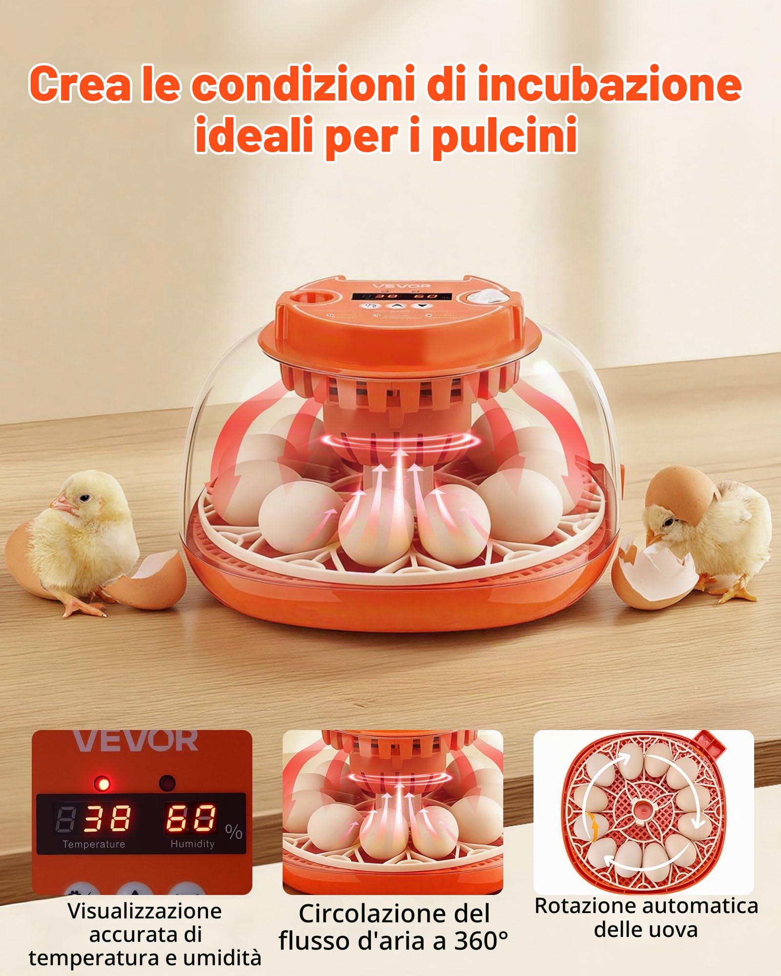 VEVOR Incubatrice da 12 Uova con Candela a LED, Display della Temperatura e Controllo Automatico dell'Umidità, Finestra Trasparente con Vista a 360°, per la Schiusa di Pulcini, Anatre, Oche